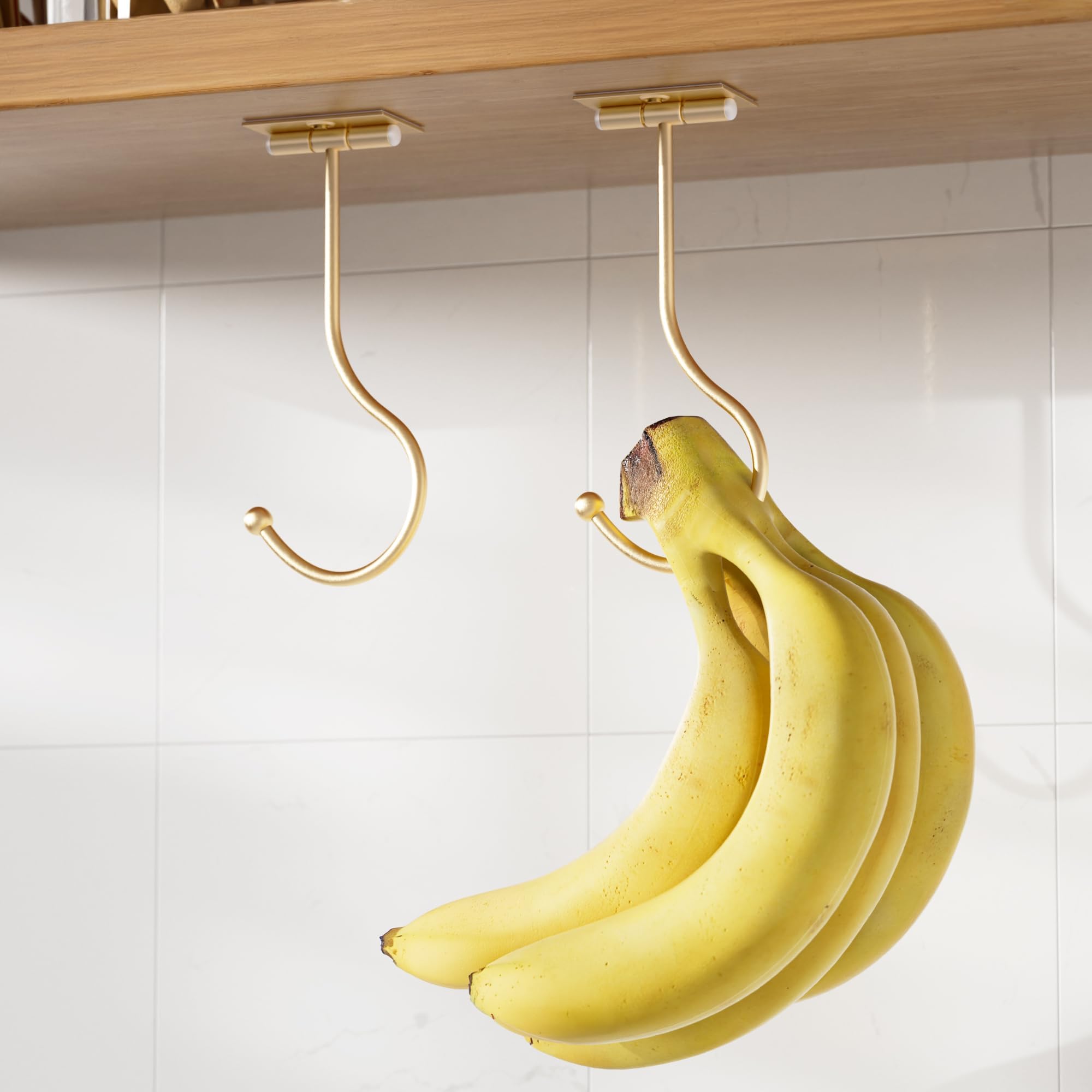 2-Pack Banana Hook Under Cabinet: Banana Holder,Metal Banana Hanger Hook,Adhesive Banana Hook, Foldable Banana Hook, Folds Up With Magnets When Not In Use, Banana Rack,Keep Bananas Fresh (Gold)