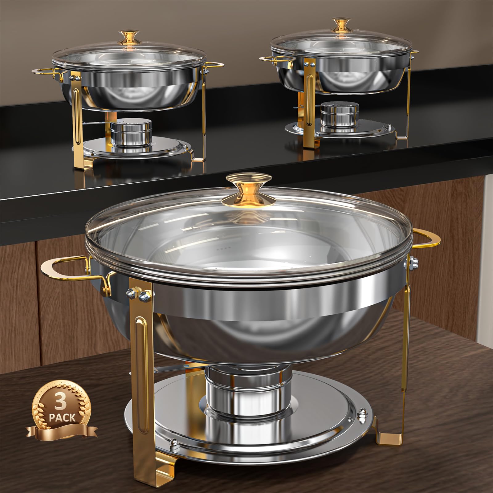 Amhier 5 Qt Chafing Dishes for Buffet with Glass Lid and Holder, Stainless Steel Chafing Dish Buffet Set with Food and Water Pans for Parties and Weddings, Gold, 3 Pack