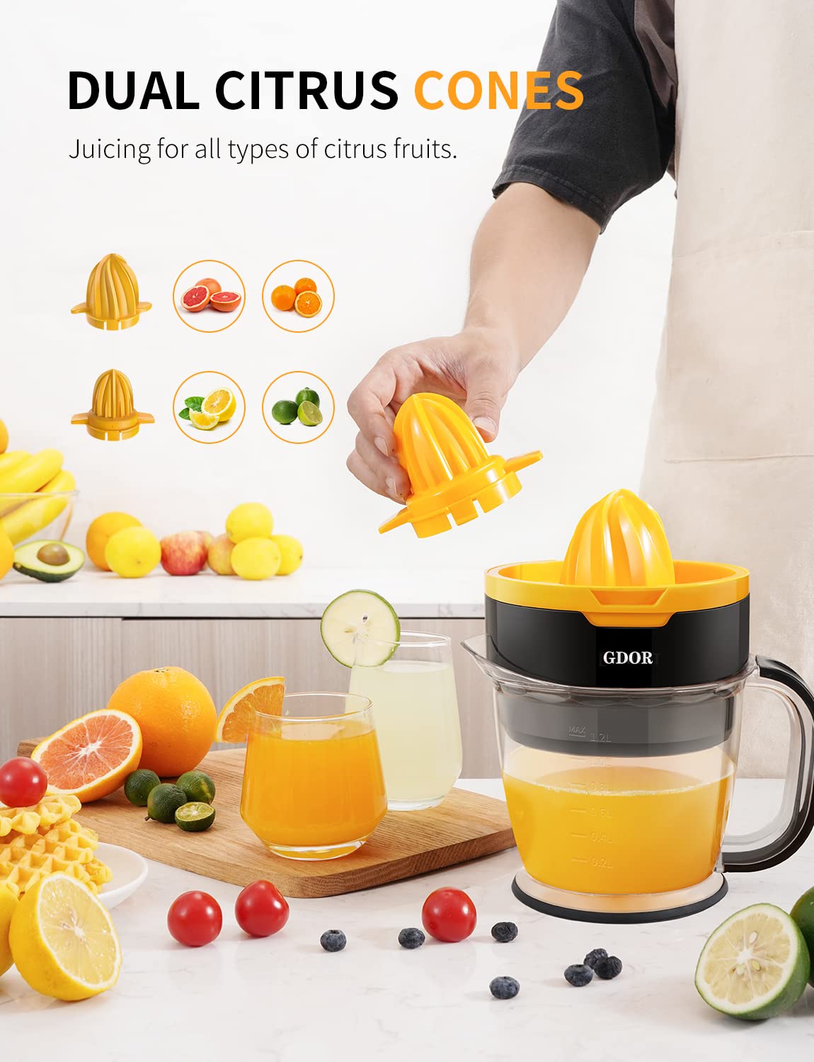 GDOR 41 Oz Citrus Juicer with Spiral-Shape Cone, Powerful Orange Juicer, Electric Juicer for Lemon, Lime & Others Citrus Fruits, Grapefruit Juice Extractor with Easy Pour Spout, BPA-Free, Easy Clean