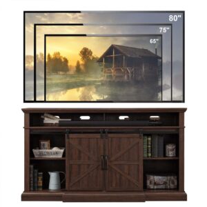 Farmhouse TV Stand for 80 Inch TVs, 39" Tall Entertainment Center w/Storage Cabinets and Sliding Barn Door, Media Console Cabinet w/Soundbar & Adjustable Shelves for Living Room, 70inch (Brown)