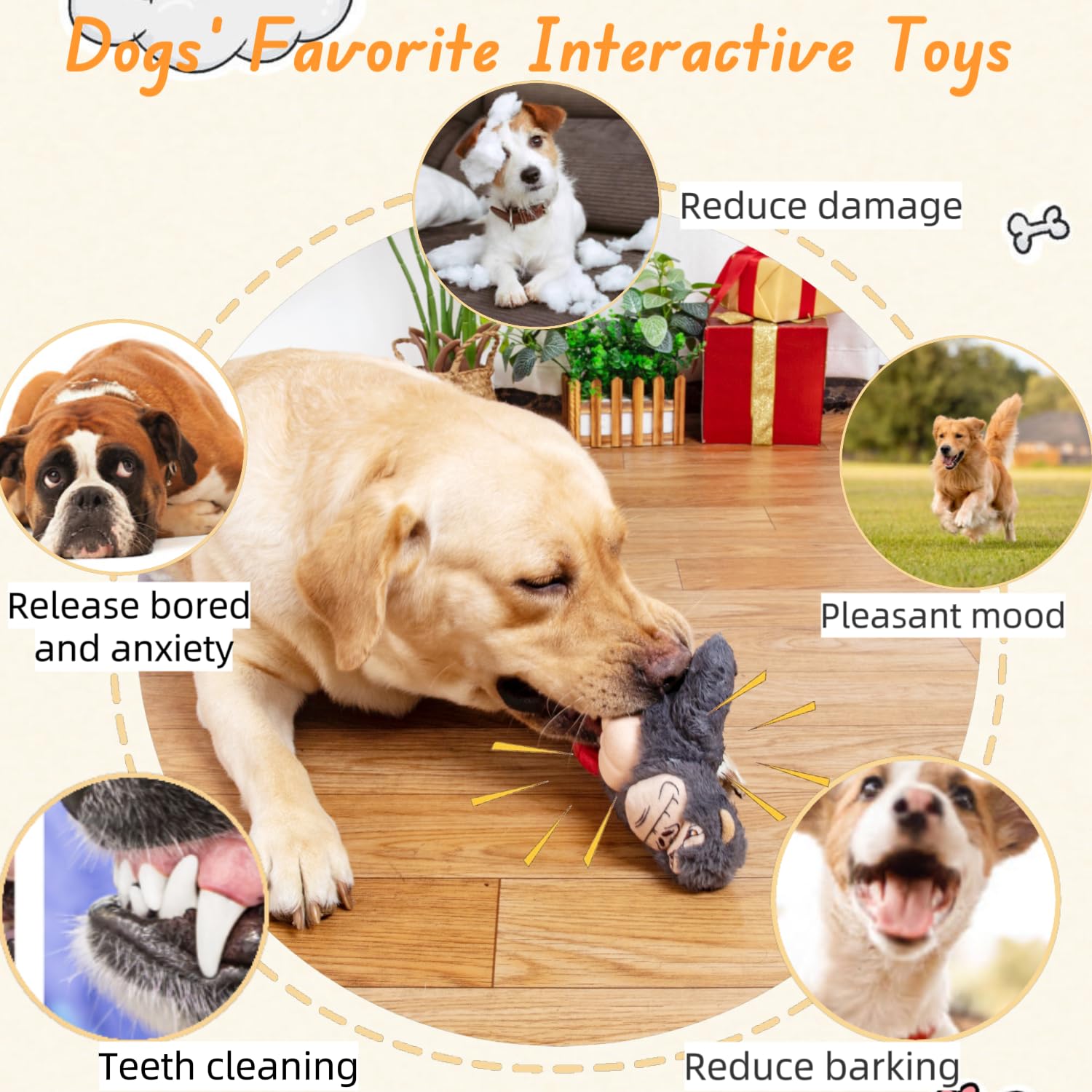 BIKIISEN Interactive Squeaky Dog Chew Toys with Natural Rubber Pectoral Muscles, Gum Massage Tough Dog Teething Toys to Keep Them Busy, Plush Tug of War Dog Toy for Small Medium Large Breed (Gorilla)