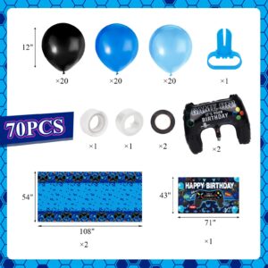 MCPINKY 70PCS Video Game Birthday Decorations, Balloon Arch Garland Kit with Table Covers Video Game Backdrop Foil Gamer Balloons for Birthday Party