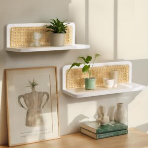 Maxpeuvon Rattan Floating Shelves, Boho Cane Webbing Wall Shelves Farmhouse Display Storage Organizer White Bookshelves Wicker Room Decor for Living Room Bedroom Entryway Hallway Bathroom, Set of 2