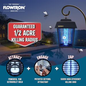 Flowtron Bug Zapper, 1/2 Acre of Outdoor Coverage with Powerful 15W Bulb & 5600V Instant Killing Grid, Electric Insect, Fly & Mosquito Zapper With Wall Mounting Bracket & Mosquito Attractant Cartridge