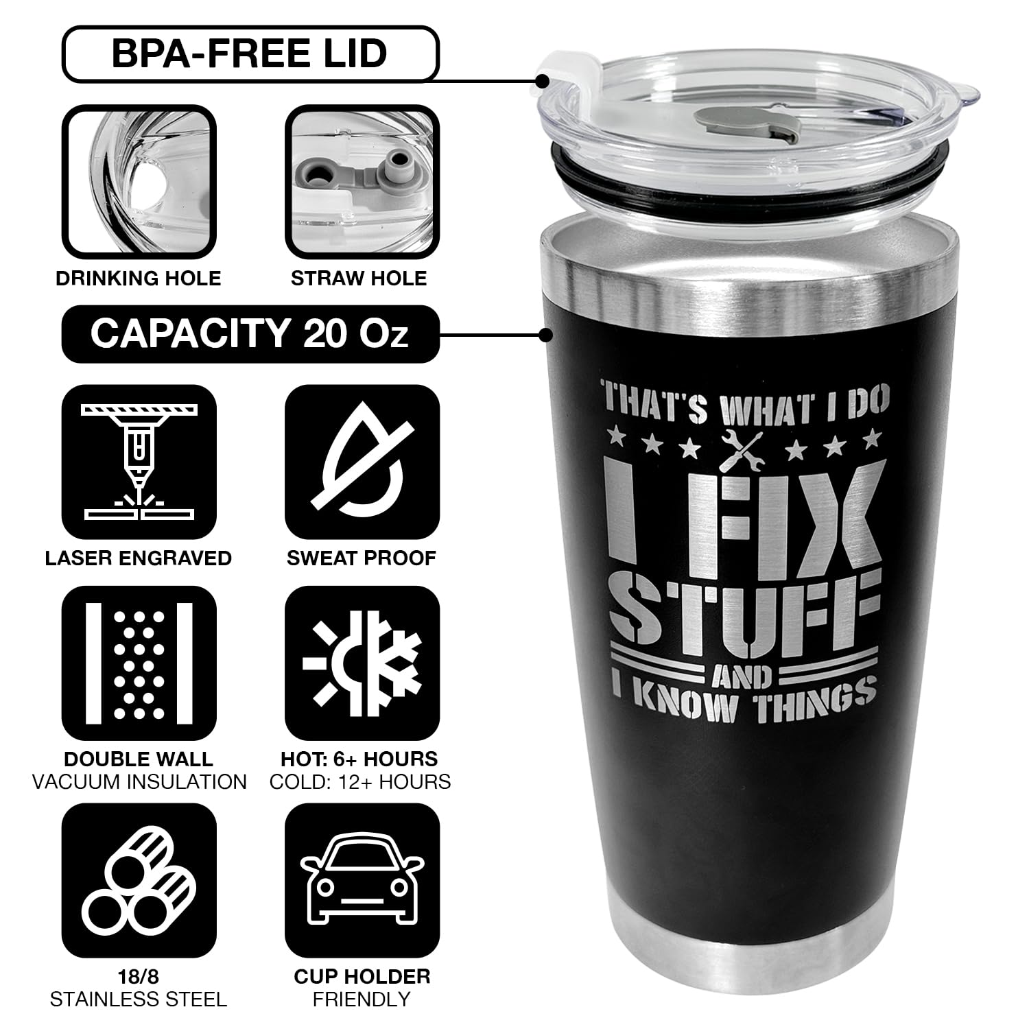 94Bright Christmas Gifts for Dad, Men, Husband, Grandpa, Mechanic Father - That's What I Do I Fix Stuff and I Know Things - Funny Birthday Gifts for Men, Gag Gifts - Dad Christmas Gifts Tumbler 20Oz