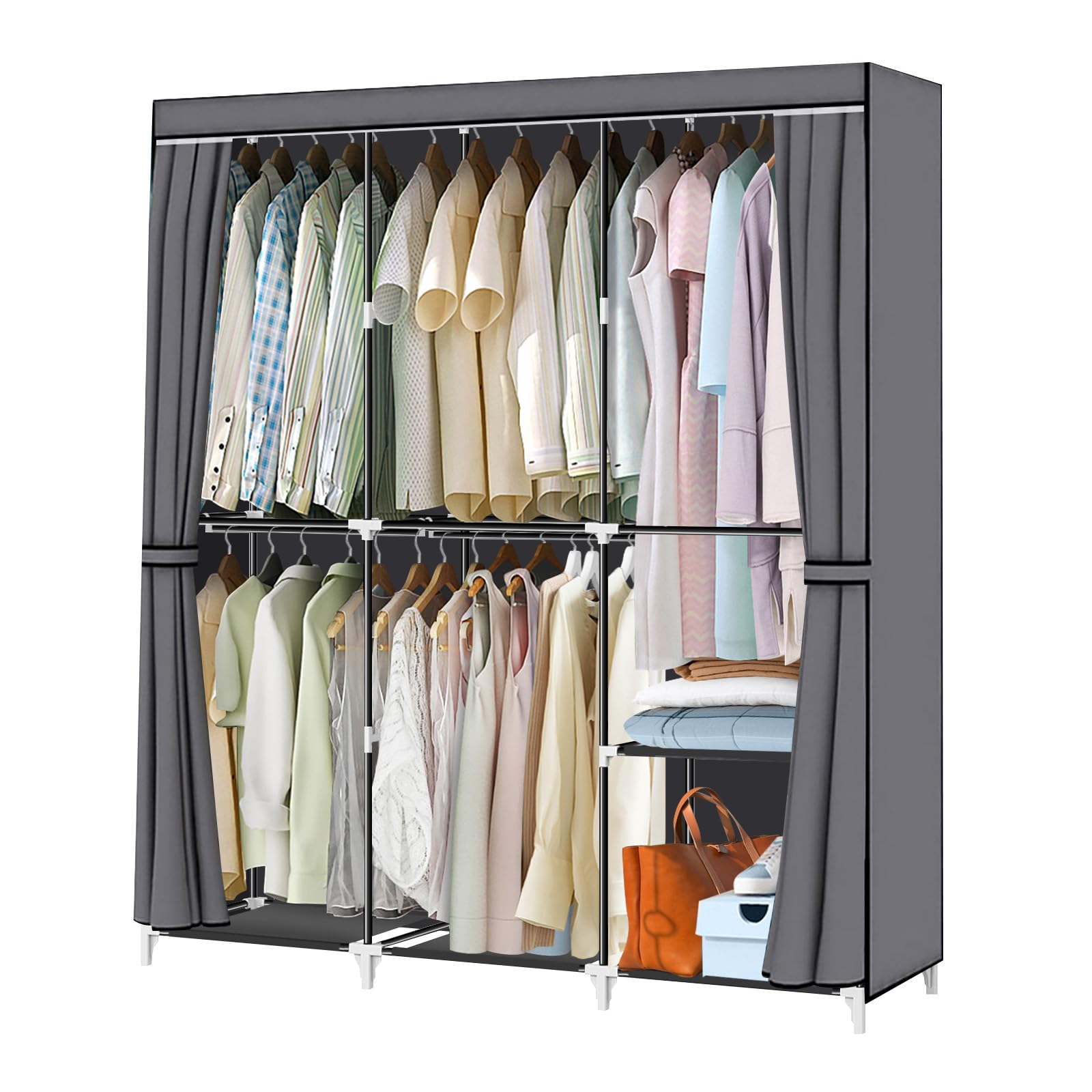 YOUUDI Portable Closet 50 Inch Wardrobe Closet for Hanging Clothes with Grey Non-Woven Fabric Cover and 5 Hanging Rods, Quick and Easy Assembly