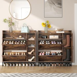 Auromie Shoe Storage Cabinet, Free Standing Shoe Organizer with 2 Flip Drawers, Shoe Rack with Adjustable Side Cabinet, Entryway Narrow Shoe Storage with Door for Hallway, Living Room (Rustic Plus)