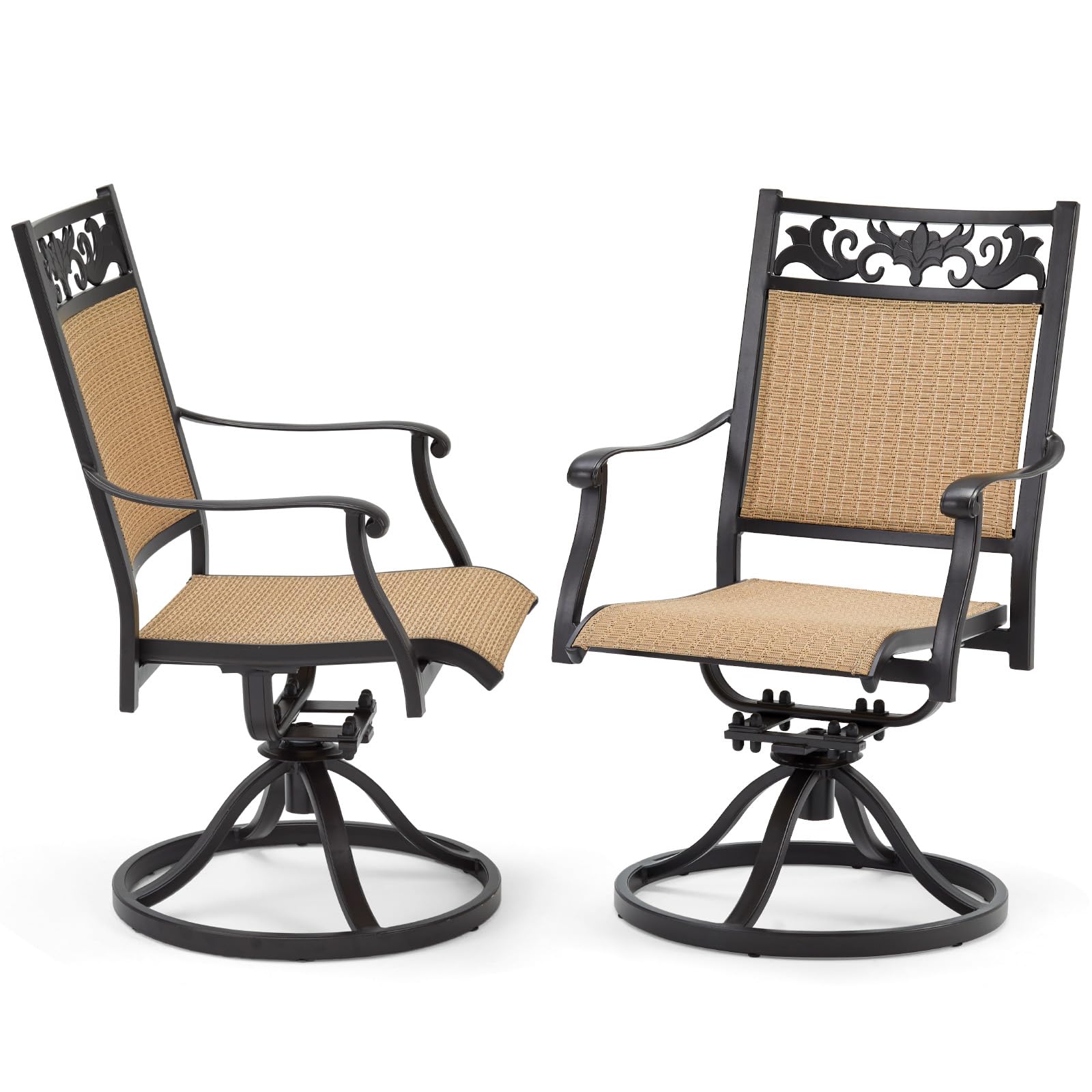 EROMMY Patio Swivel Chairs Set of 2, All-Weather Cast Aluminum Patio Sling Dining Chairs, Outdoor Swivel Rocker Chairs for Backyard, Garden, Deck, Porch, Balcony, Brown