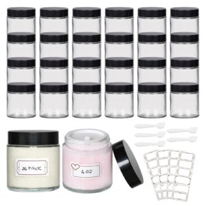 24 pack 4 oz glass jars with lids, clear cosmetic jars with inner liners and black lids, lotion jars, candle making jars for lotions, scrubs and cosmetic, lables and spatulas include