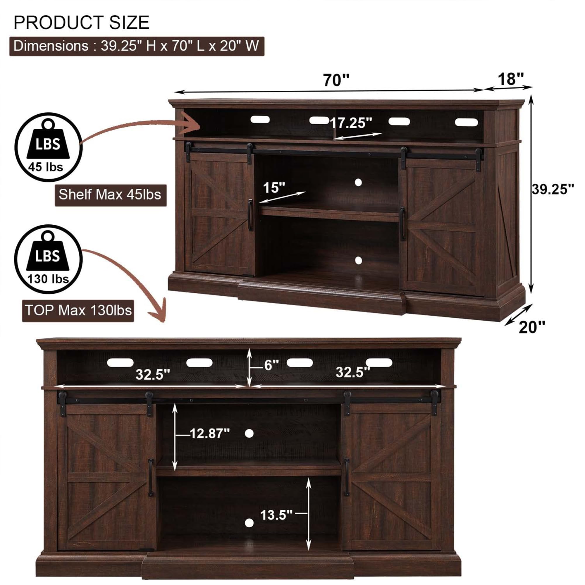 Farmhouse TV Stand for 80 Inch TVs, 39" Tall Entertainment Center w/Storage Cabinets and Sliding Barn Door, Media Console Cabinet w/Soundbar & Adjustable Shelves for Living Room, 70inch (Brown)