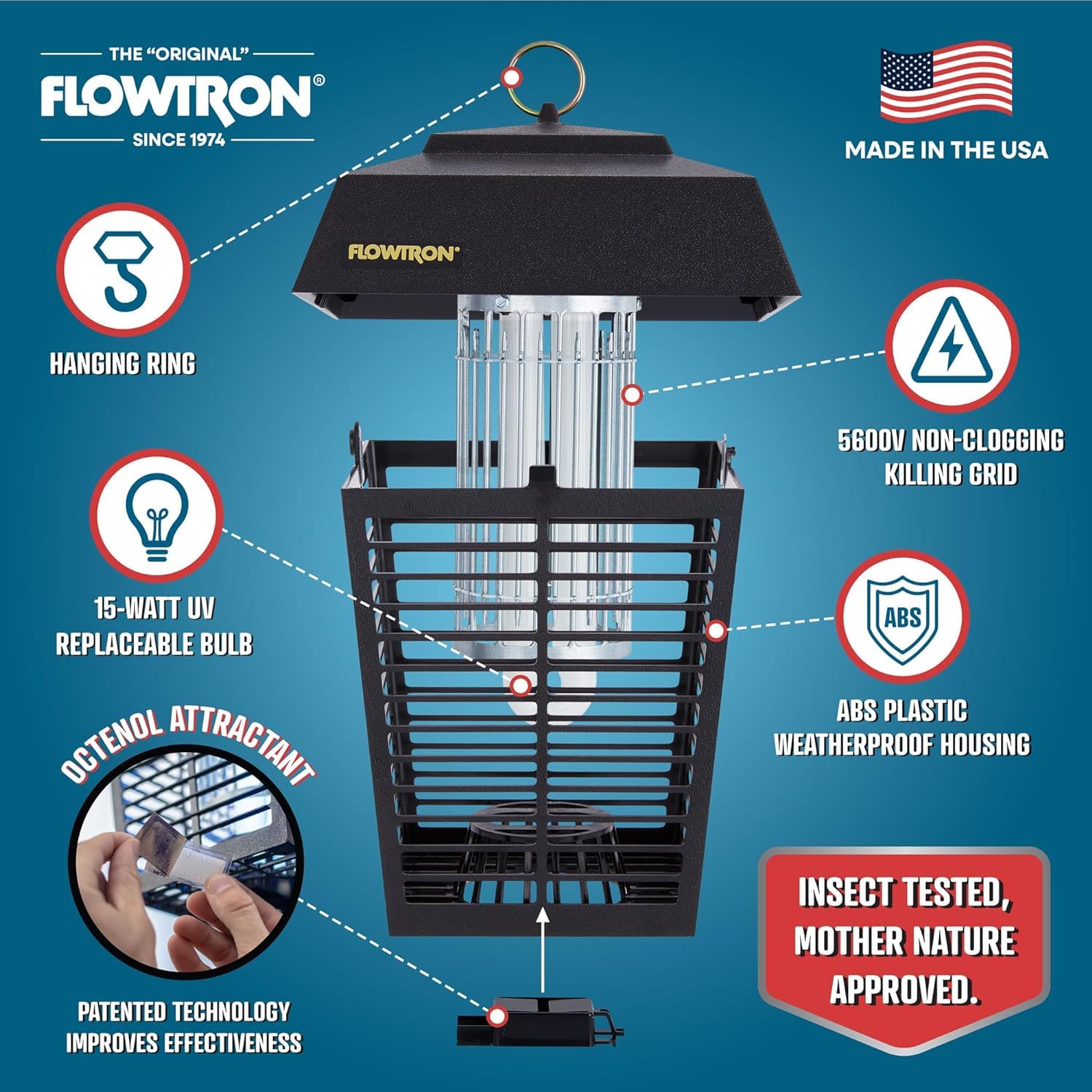 Flowtron Bug Zapper, 1/2 Acre of Outdoor Coverage with Powerful 15W Bulb & 5600V Instant Killing Grid, Electric Insect, Fly & Mosquito Zapper With Wall Mounting Bracket & Mosquito Attractant Cartridge