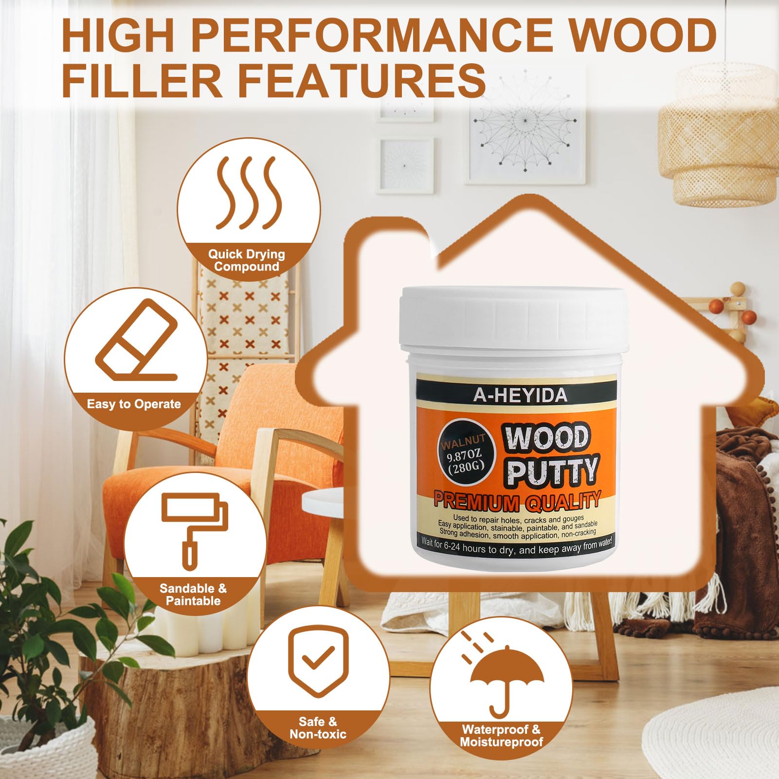 Wood Filler - Walnut Wood Filler Putty, Paintable Stainable Wood Repair Putty for Repair Wood Cracks & Holes on Wooden Furniture, Hardwood Floor, Door, Cabinet - Wood Scratch Repair Kit (9.87 Ounce)