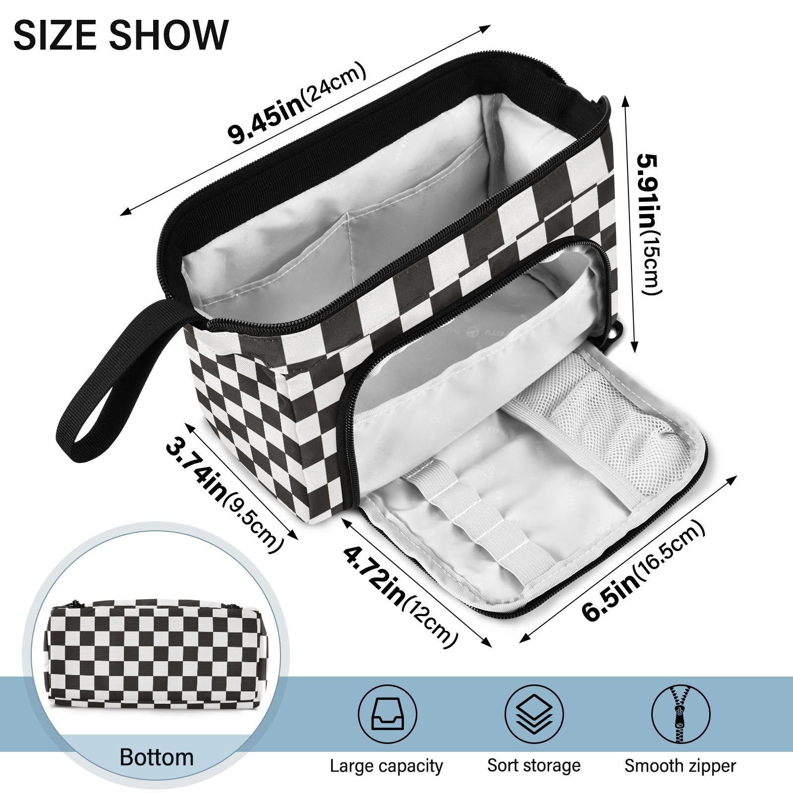 ElliTarr Pencil Case Pouch Bag Organizer Aesthetic Pen Case for Teen Girls Boys and Adults Large Capacity Portable Gift Choice Checkered Black and White