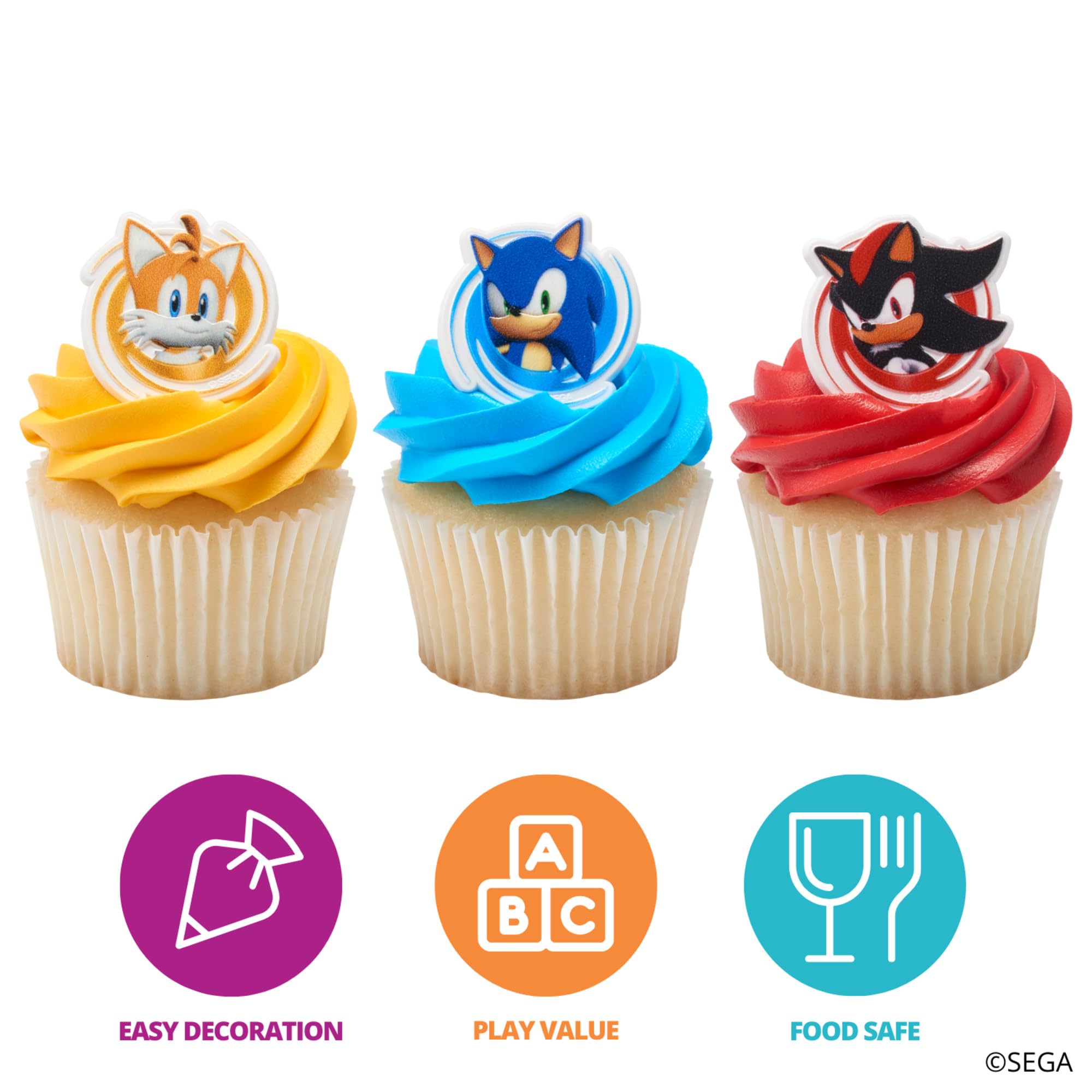 DecoPac Sonic the Hedgehog Rings, Cupcake Decorations Featuring Sonic, Tails, and Shadow - 24 Pack