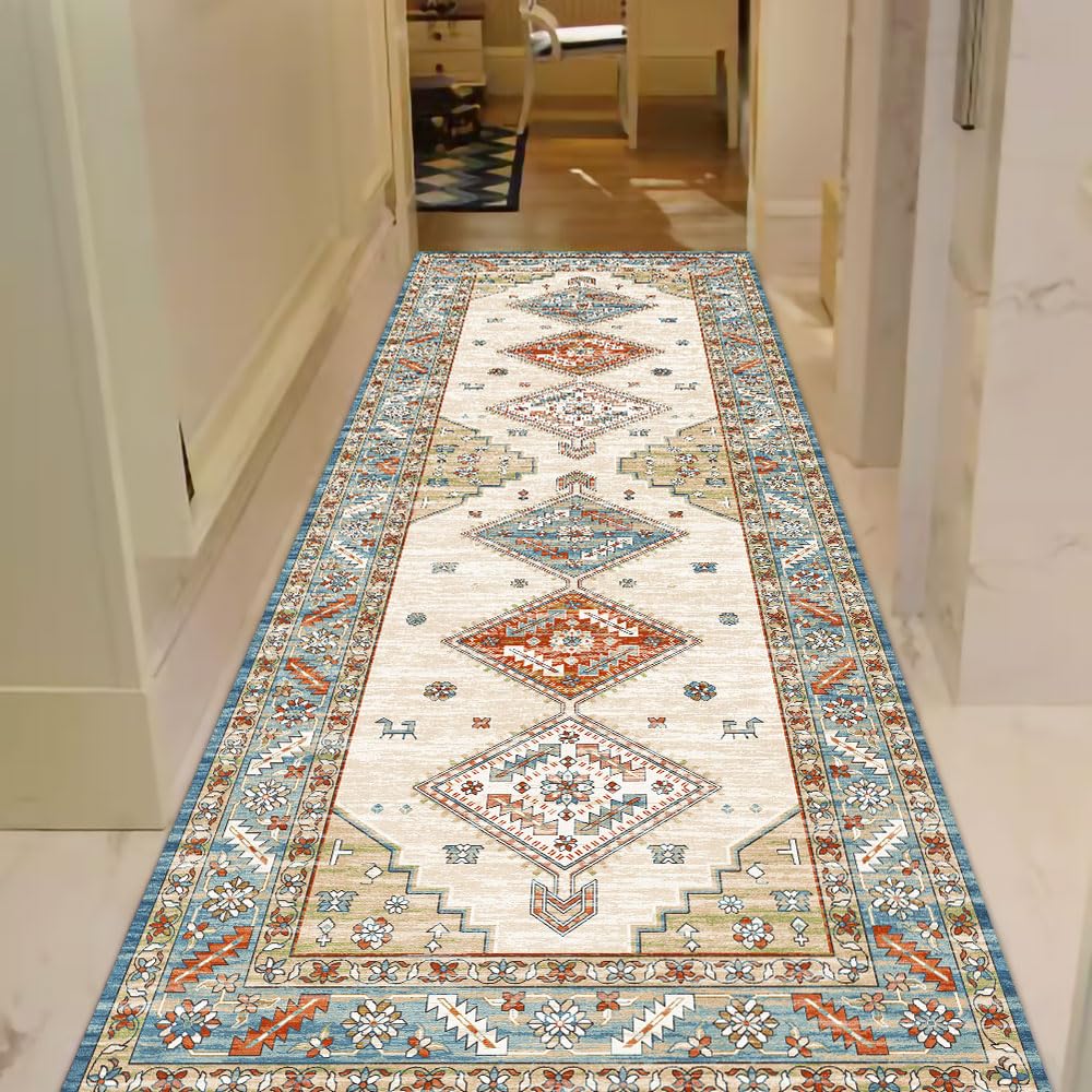 WuFulon Washable Runner Rug - 2x6 Hallway Rug Kitchen Runner Non-Slip Throw Thin Bedroom Rugs Laundry Room Rug Runner Oriental Distressed Print Carpet Runner for Entrance Bathroom Living Room