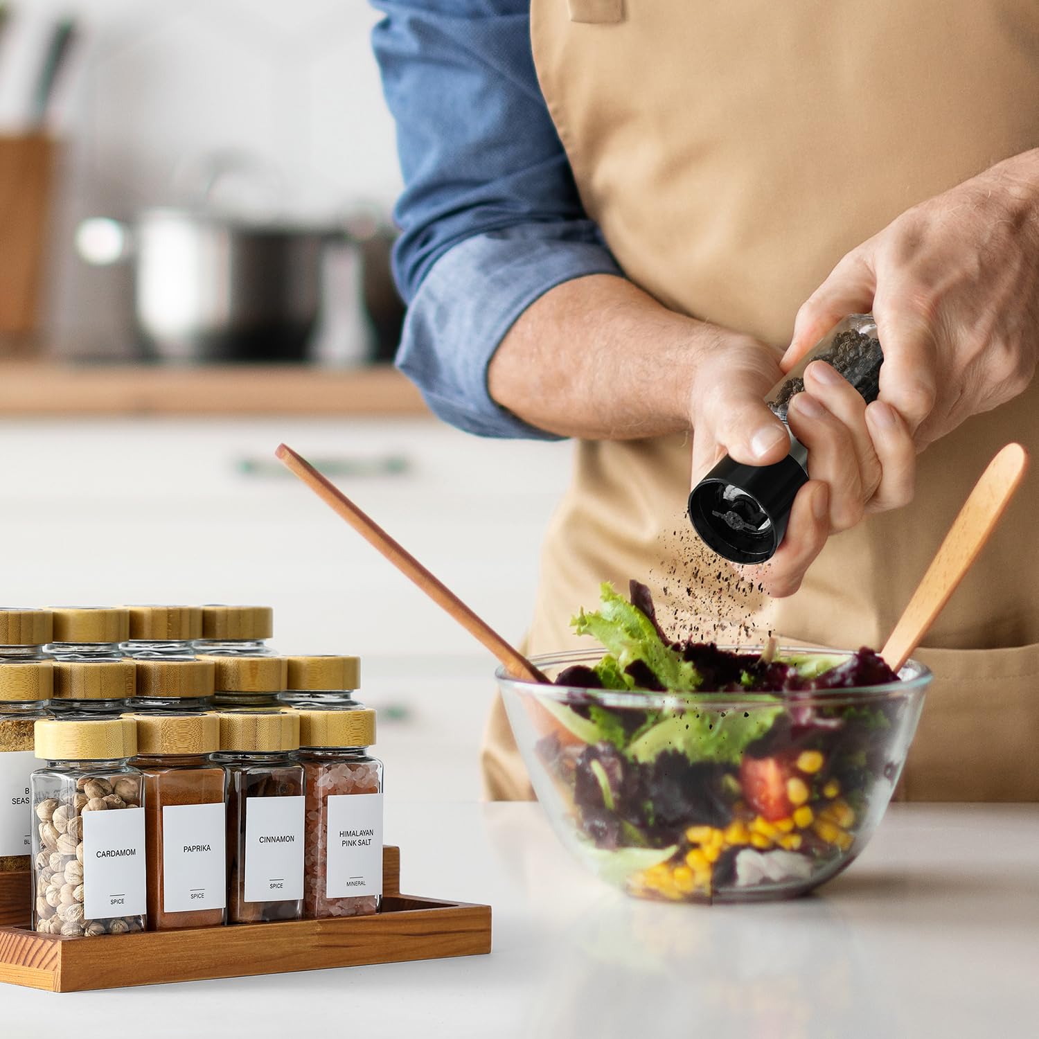 AOZITA 14 Pcs Spice Jars with Bamboo Lids - 4oz Square Spice Bottles with Spice Labels, Shaker Lids, Funnel