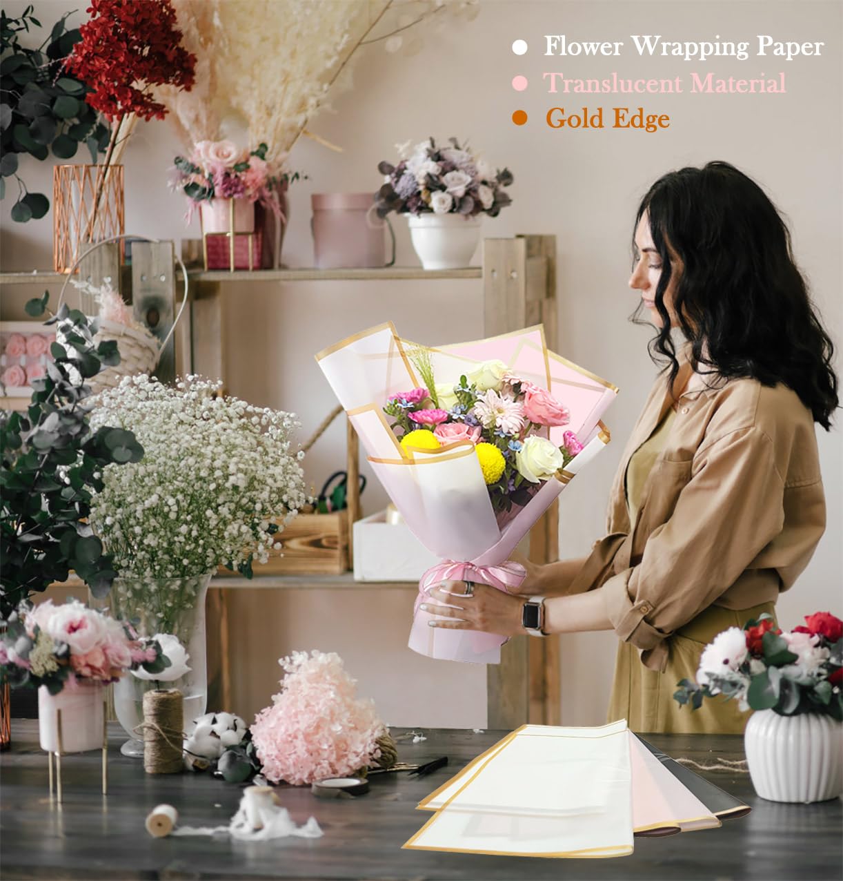 Unarty 20 Sheets 5 Colors Flower Wrapping Paper, Waterproof Bouquet Wrapping Paper with Gold Edge, Floral Wrapping Paper 22.8 x 22.8 Inch, Black, Pink, White, Red, Champagne Colors