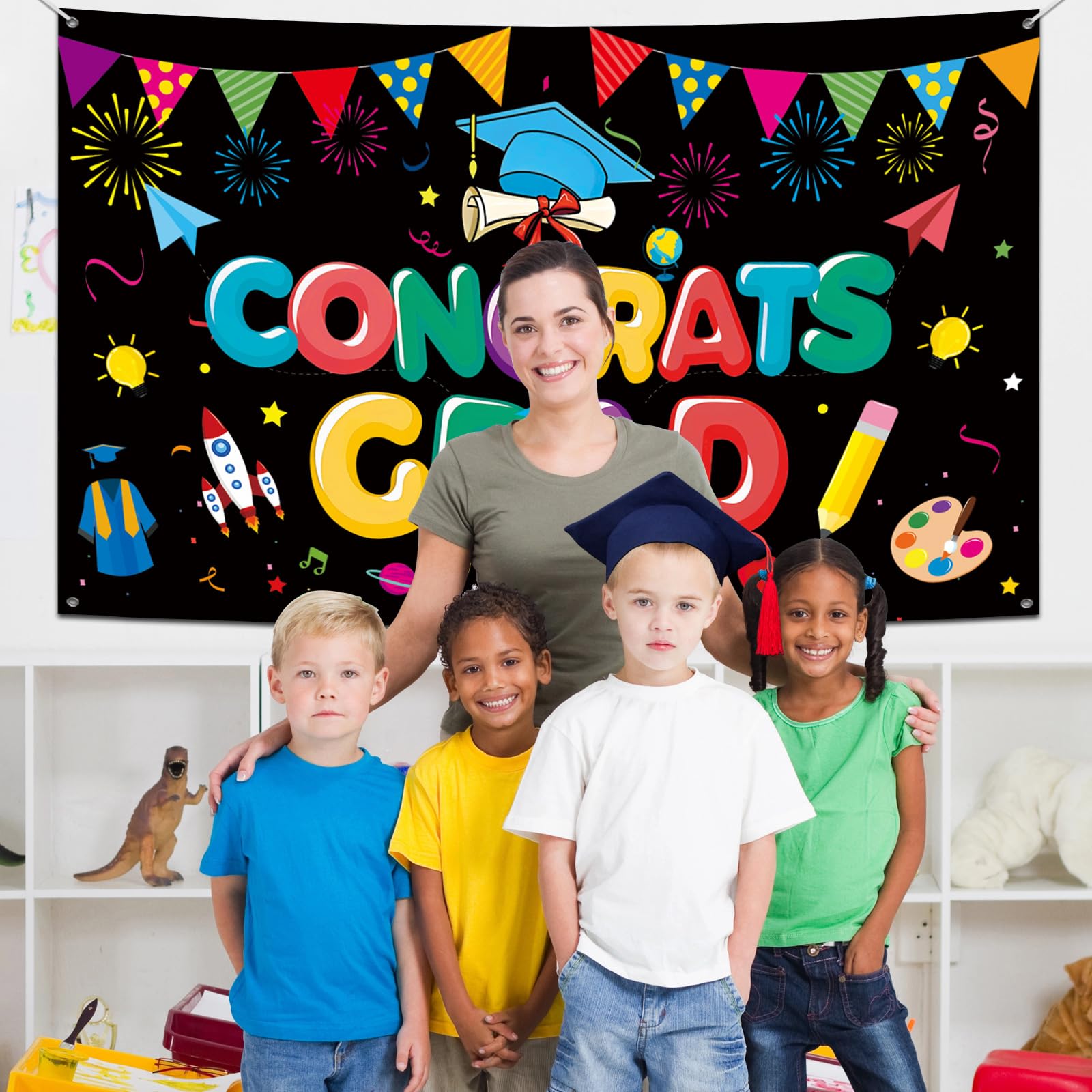 Unibday Kindergarten Graduation Decorations, 2024 Kindergarten Graduation Banner,70x43 Inch Preschool Congrats Grad Banner Pre K Graduation Party Backdrop for Kids Graduation Yard Decorations, Black