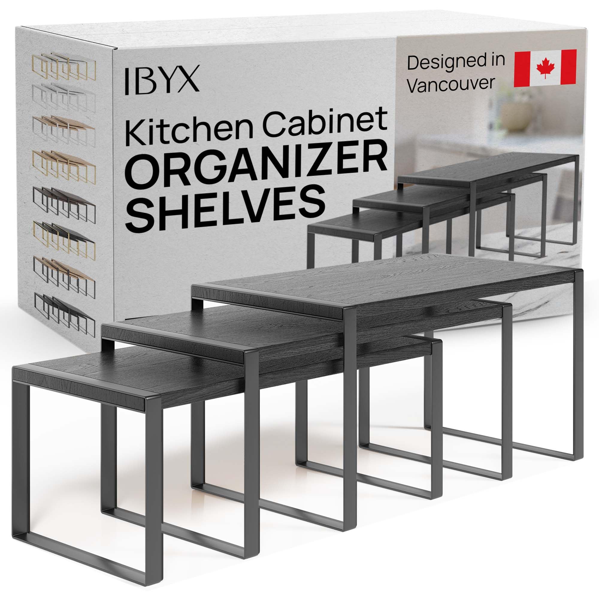 Ibyx Premium Kitchen Cabinet Organizer Shelf - Set of 3 Kitchen Counter Shelves - Stackable & Expandable Shelf Racks for Kitchen Cabinets - Metal Frame & Engineered Wood (Black Wood, Black Frame)