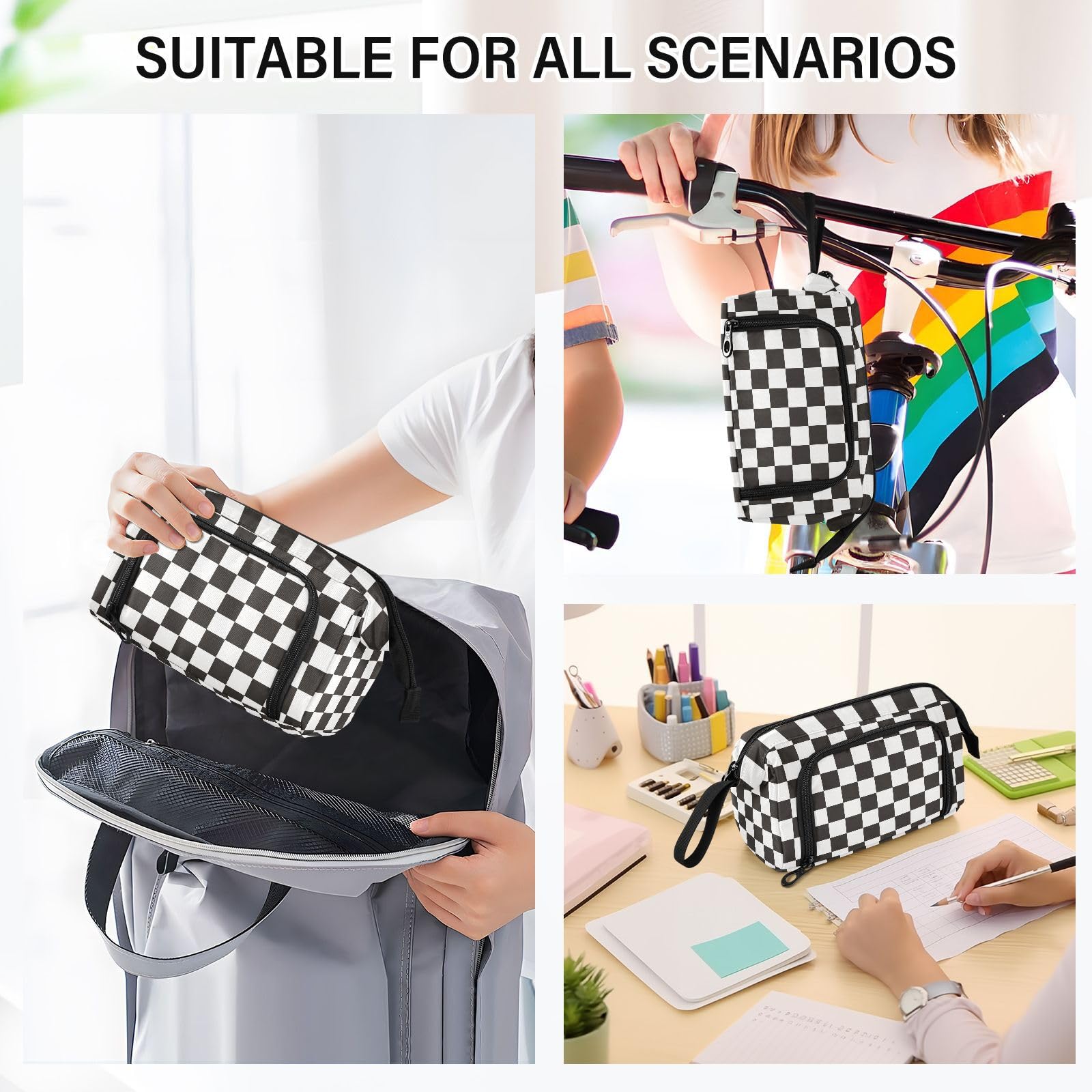 ElliTarr Pencil Case Pouch Bag Organizer Aesthetic Pen Case for Teen Girls Boys and Adults Large Capacity Portable Gift Choice Checkered Black and White