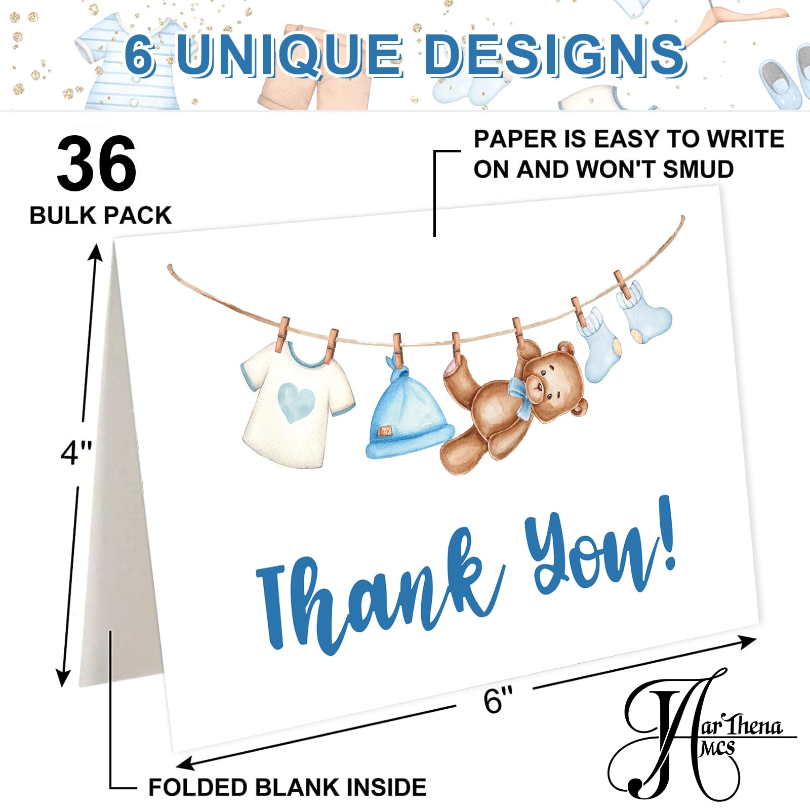 JarThenaAMCS 36 Pack Blue Clothesline Baby Shower Thank You Cards with Envelopes Stickers Onesie Boy Baby Cloth Blank Gratitude Note Cards Gift for Birthday Gender Reveal Party Supplies