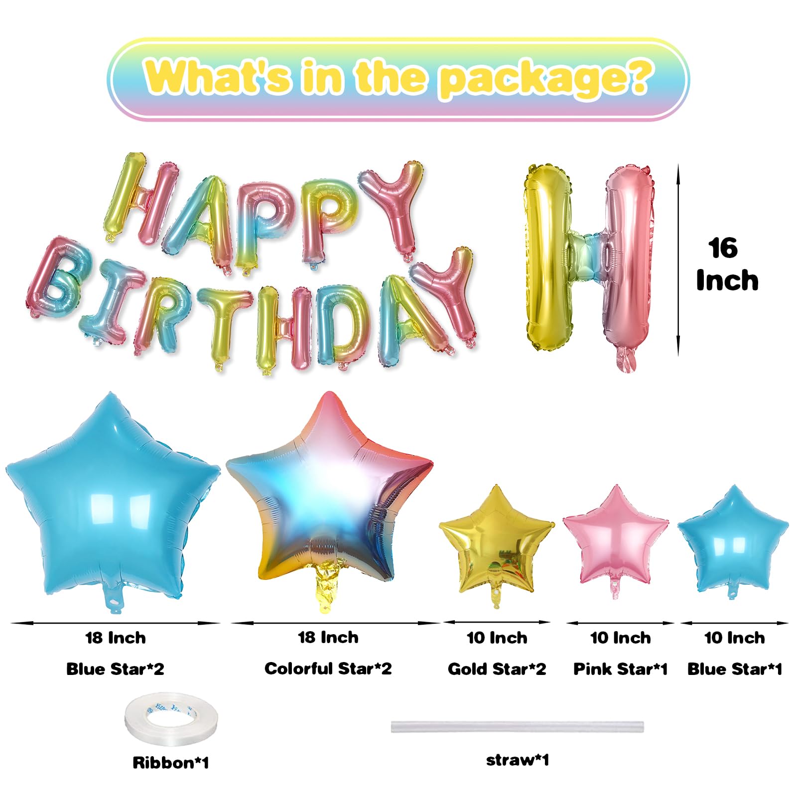 Happy Birthday Balloons Banner, Rainbow Happy Birthday Foil Balloons 16 Inch Mylar Foil Letter Balloons with 8 Pcs Gradient Blue Pink Star Balloons for Women Men Boys Girls Birthday Party Decorations