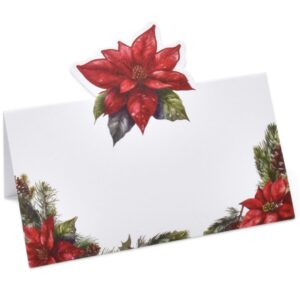 100 Pack Christmas Place Cards Holiday Seating Name Card Die Cut Xmas Poinsettia Flower Table Setting Folded Paper Tent Cards for Winter Dinner Wedding Tables Placement Party Decorations 2" x 3.5"