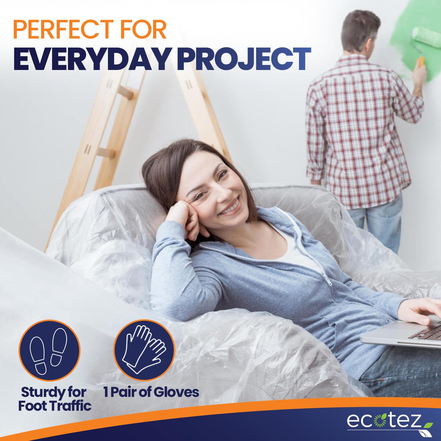 Ecotez 6 Pack 12 x 9 ft Extra Large Painter’s Plastic Drop Cloth Painting Sheet-Light & Durable Dust Cover-Clear Plastic Sheet-Plastic Sheeting-Plastic Cover-Paint Drop Cloth- Plastic Floor Protector