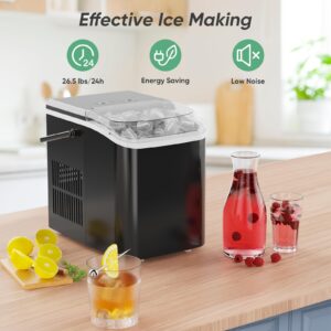 ANTONIA Countertop Ice Maker, Nugget Portable Ice Machine, 9 Bullet Ice Cubes in 6 Mins, 26.5lbs in 24Hrs Self-Cleaning with Handle, Basket, Scoop for Home, Kitchen/Party/Camping/RV. - Black