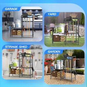 POLARPRA Garden Tool Organizer, Garden Tool Storage Rack with 6 Hooks and 2-tier Metal Shelves, Yard Tool Organizer Cart for Garage with Wheels Stand up to 35 Long-Handled Tools for Shed, Outdoor