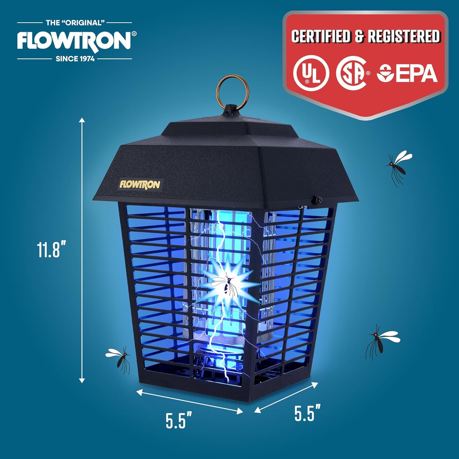 Flowtron Bug Zapper, 1/2 Acre of Outdoor Coverage with Powerful 15W Bulb & 5600V Instant Killing Grid, Electric Insect, Fly & Mosquito Zapper With Wall Mounting Bracket & Mosquito Attractant Cartridge