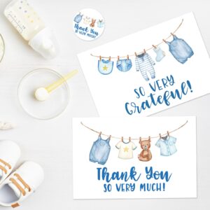 JarThenaAMCS 36 Pack Blue Clothesline Baby Shower Thank You Cards with Envelopes Stickers Onesie Boy Baby Cloth Blank Gratitude Note Cards Gift for Birthday Gender Reveal Party Supplies