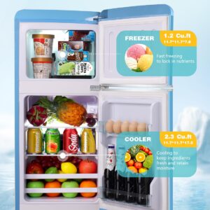 EUASOO FLS-80-Blue 3.5Cu.Ft Compact Refrigerator, Small Refrigerator with freezer, Retro Fridge with Dual Door, 7 Level Adjustable Thermostat for Garage, Dorm,Bedroom, Office, Apartment