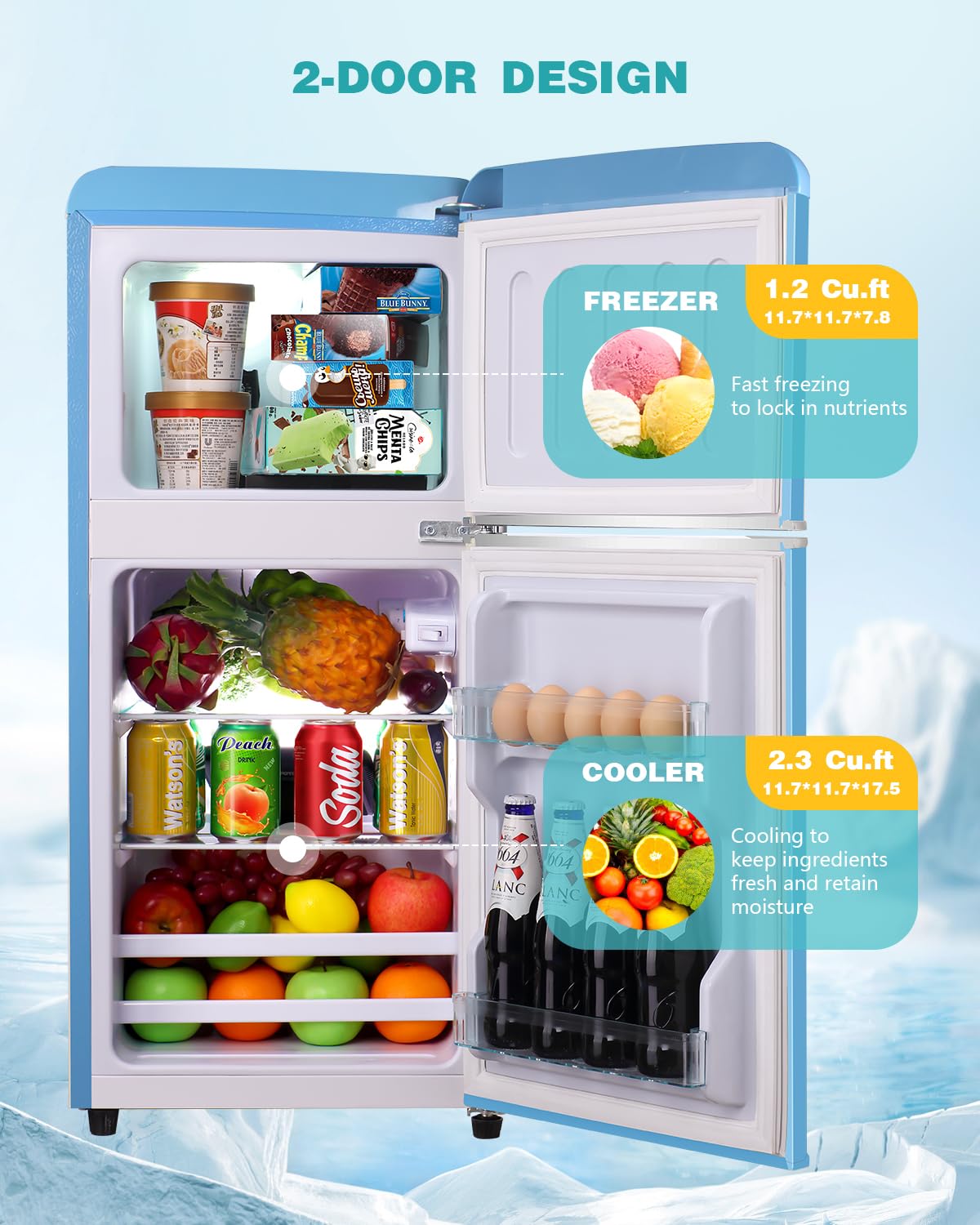 EUASOO FLS-80-Blue 3.5Cu.Ft Compact Refrigerator, Small Refrigerator with freezer, Retro Fridge with Dual Door, 7 Level Adjustable Thermostat for Garage, Dorm,Bedroom, Office, Apartment