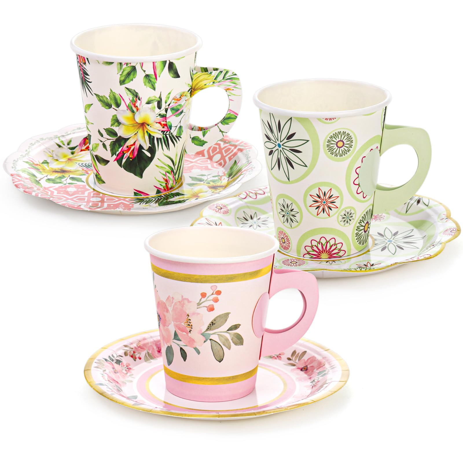 Yarlung 96 Pcs Paper Tea Cups and Plates, Disposable 9oz Teacups with Handle 6 Inch Saucers Sets for Tea Party Decorations, Mother's Day, Birthday Favors, Floral 3 Designs