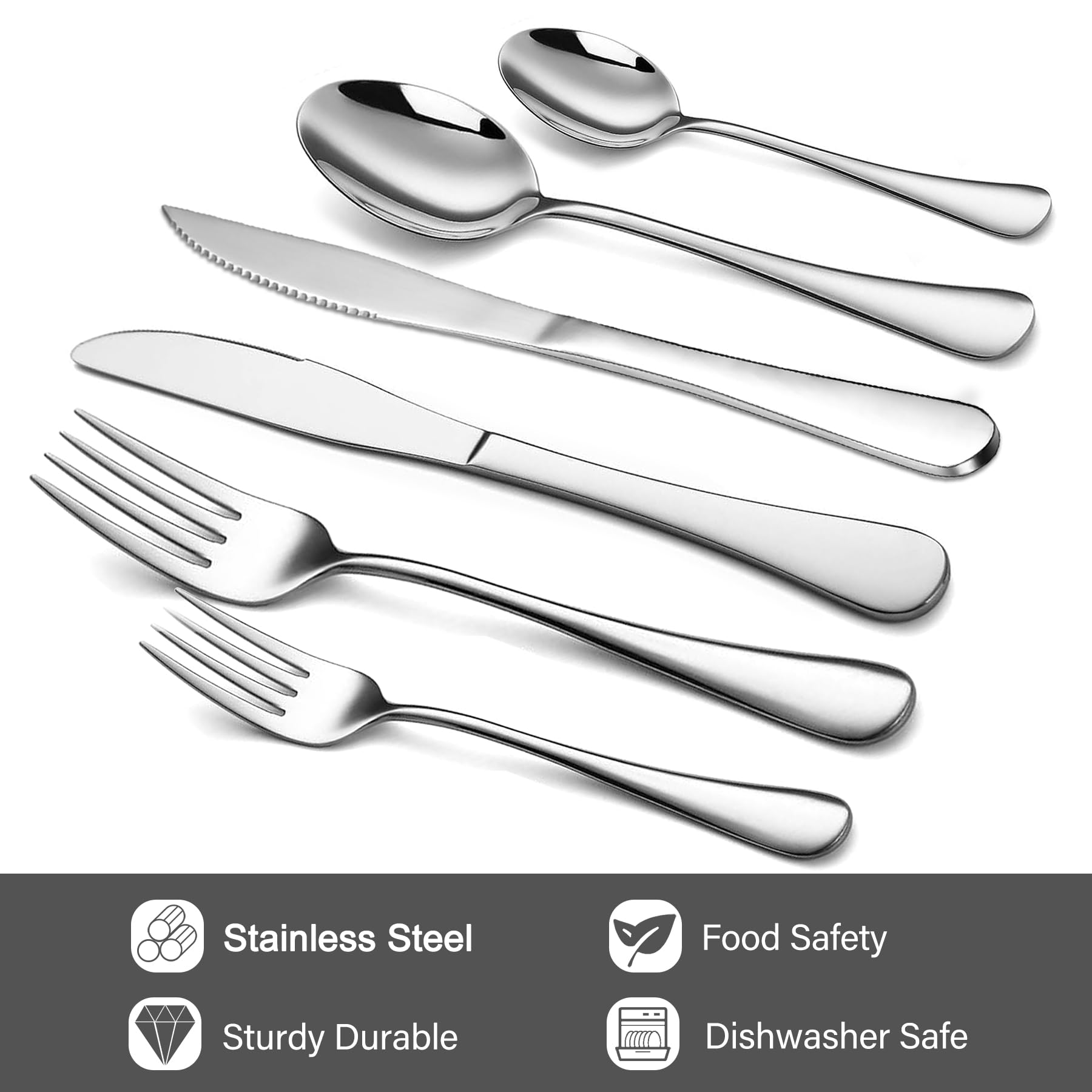 12PCS Silverware Set for 2, Food-Grade Stainless Steel Flatware Set, Tableware Cutlery Set with Steak Knives Forks and Spoons for Home Kitchen, Mirror Polished Utensil Sets Dishwasher Safe