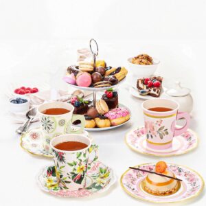 Yarlung 96 Pcs Paper Tea Cups and Plates, Disposable 9oz Teacups with Handle 6 Inch Saucers Sets for Tea Party Decorations, Mother's Day, Birthday Favors, Floral 3 Designs