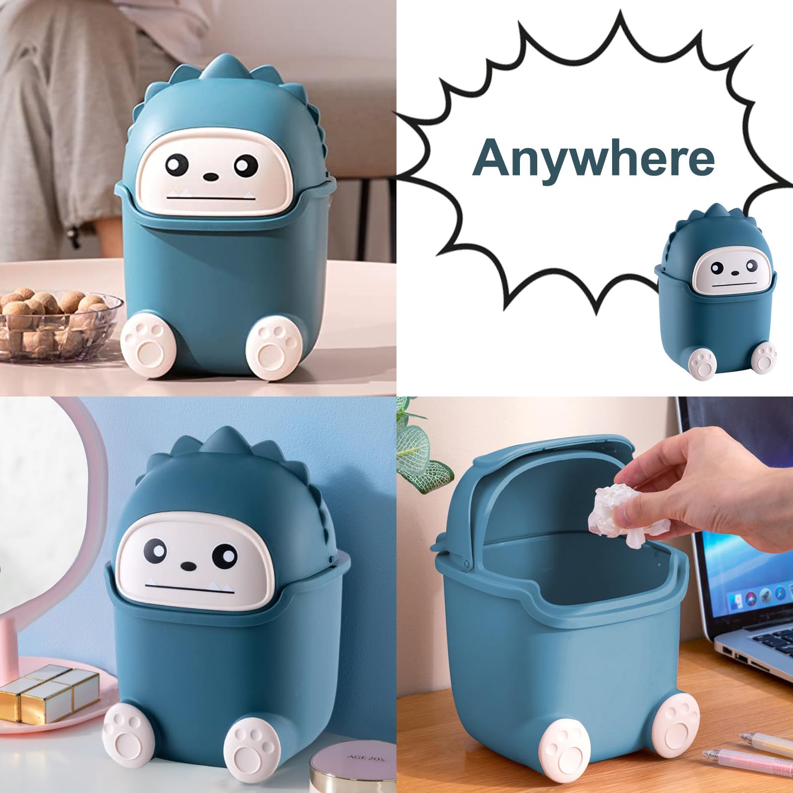 Cute Desktop Trash Can Plastic Creative Mini Lovely Living Room Dining Table Wastebasket with Lid Small Plastic Storage Bin for Home Children Bedroom (Dark Blue Monster)