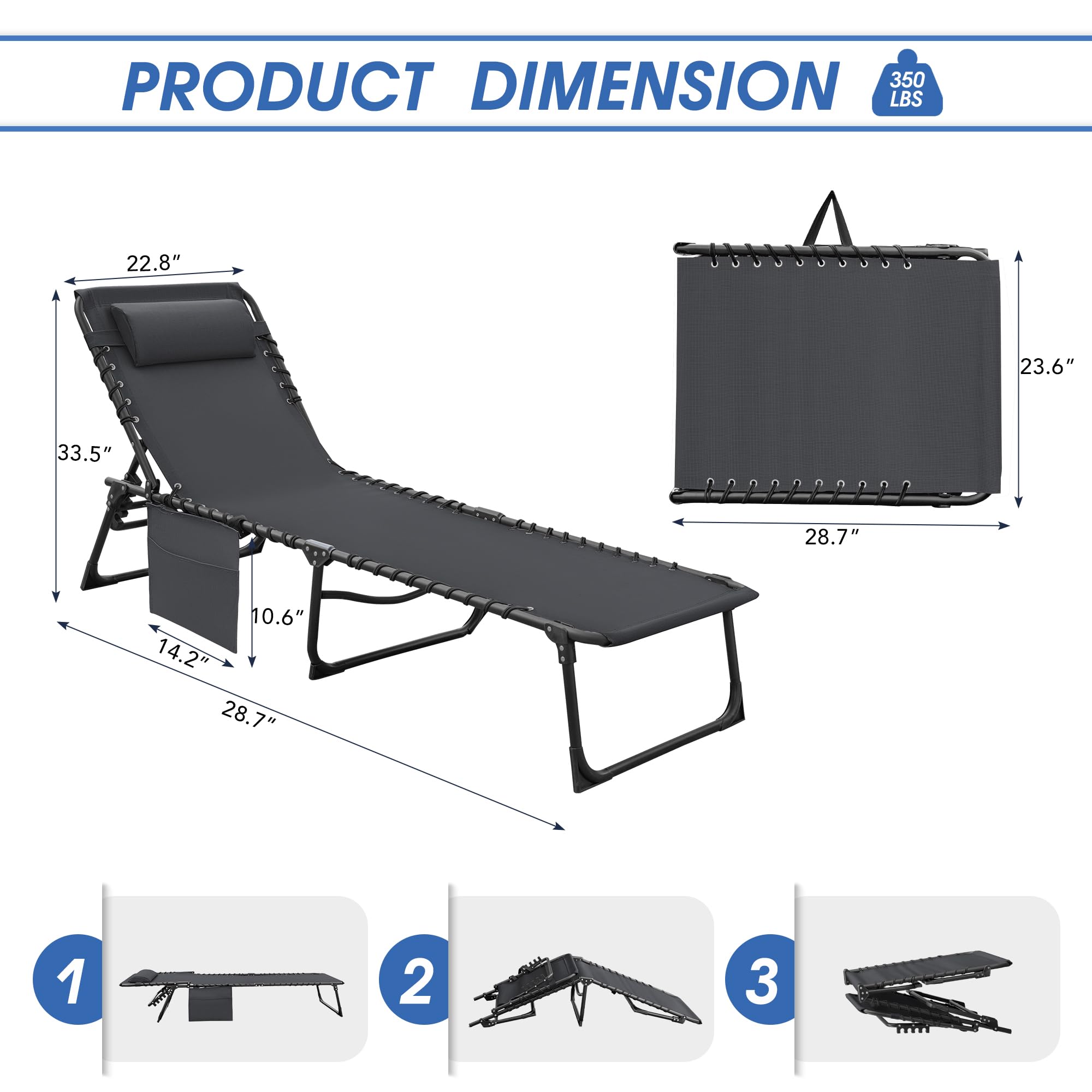 Flamaker Foldable Chaise Lounge Chair 5-Position Adjustable, Tanning Chair with Side Pocket, Outdoor Sunbathing for Pool, Beach, Patio, Lawn, Indoor Recliner Chair for Napping(Grey, 1 Pcs)