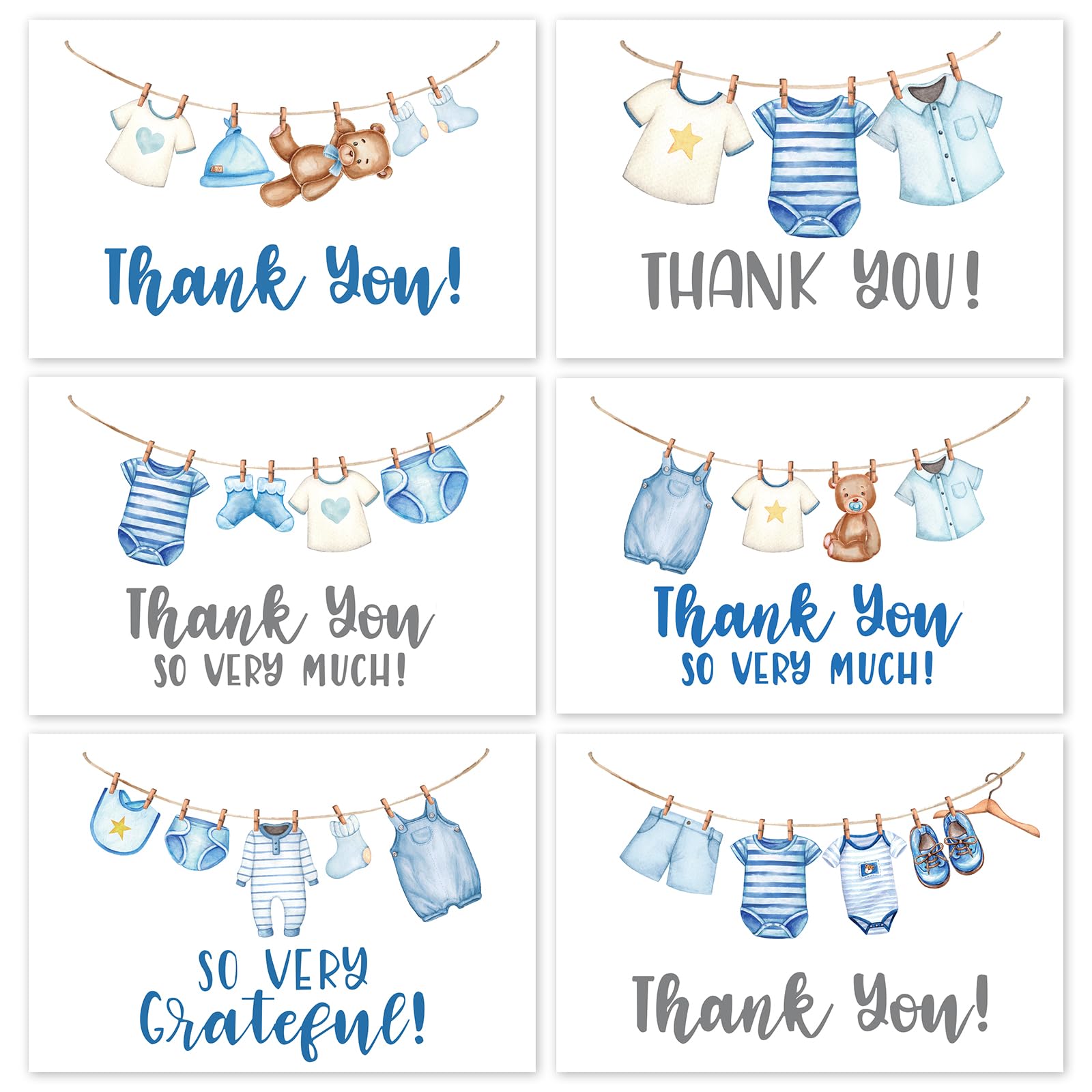 JarThenaAMCS 36 Pack Blue Clothesline Baby Shower Thank You Cards with Envelopes Stickers Onesie Boy Baby Cloth Blank Gratitude Note Cards Gift for Birthday Gender Reveal Party Supplies