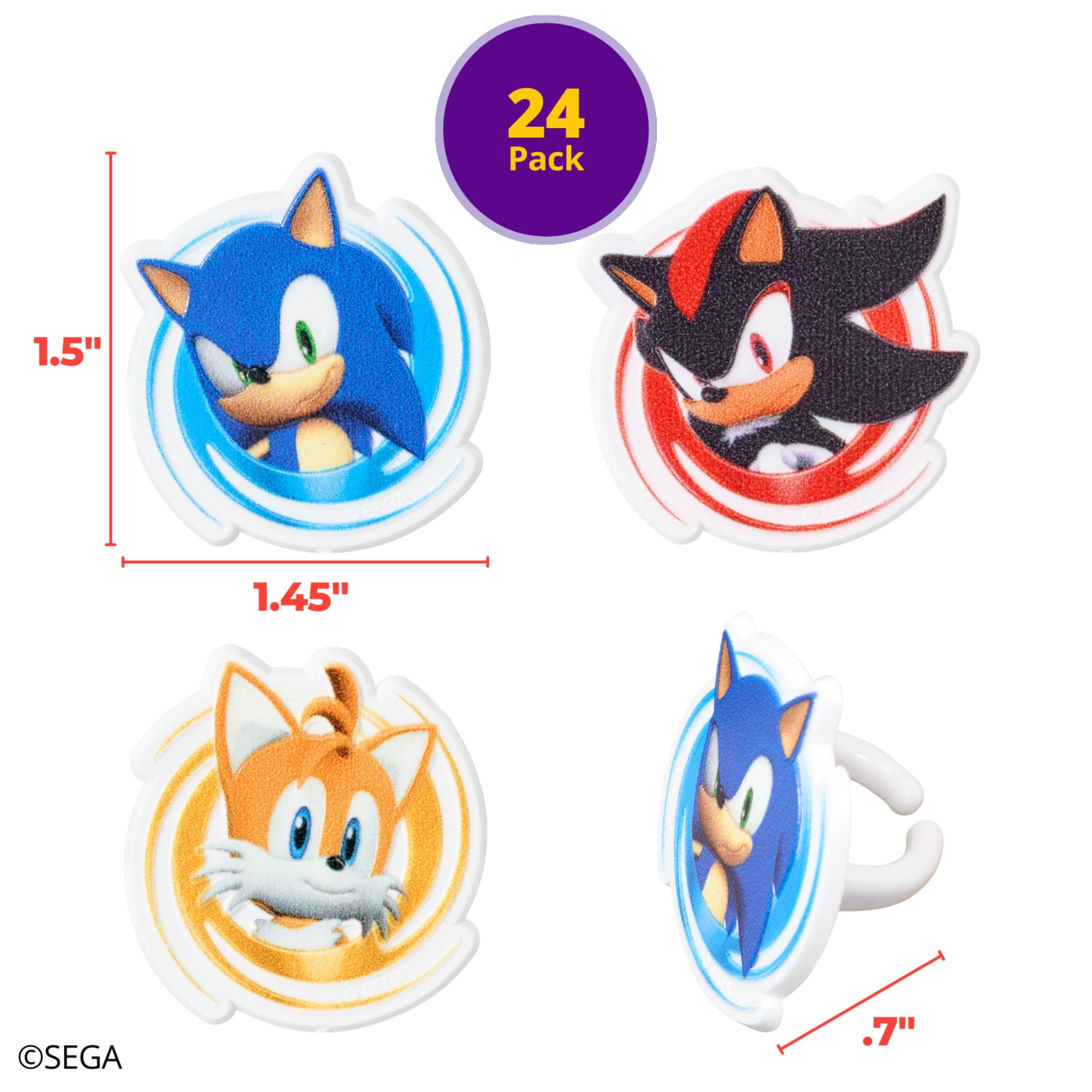 DecoPac Sonic the Hedgehog Rings, Cupcake Decorations Featuring Sonic, Tails, and Shadow - 24 Pack