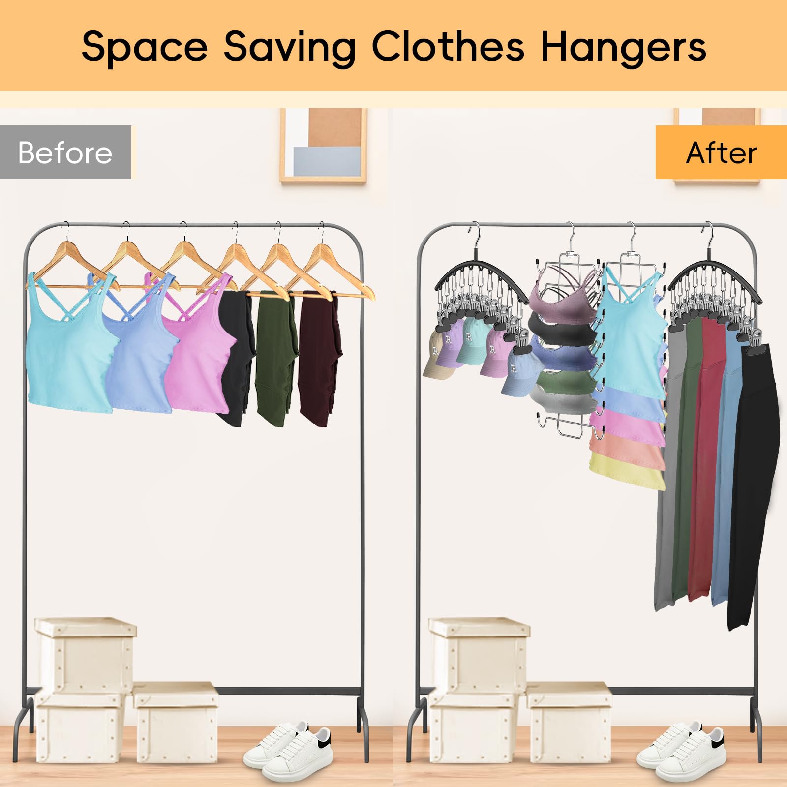 TomCare 2 Pack Tank Top Hanger and 2 Pack Leggings Organizers Space Saving Sport Bras Organizer Metal Yoga Pants Hangers with 20 Clips Hanging Closet Organizers and Storage for Hat Camisoles Shorts