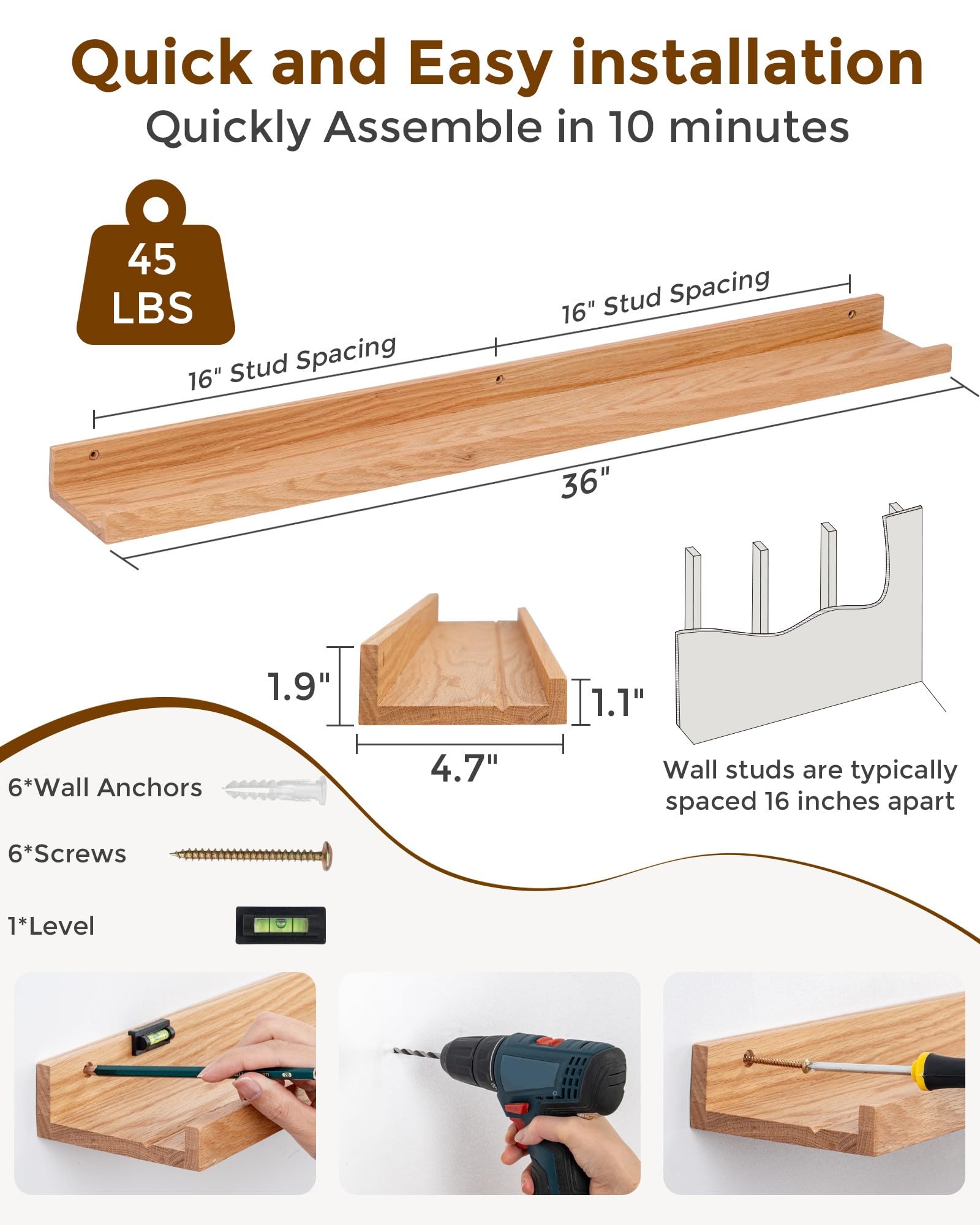 Axeman Oak Floating Shelves 36 Inch Picture Ledge Shelf Set of 2, Solid Wood Shelves with Lip for Wall Decor Storage Bedroom Living Room Bathroom Kitchen, Natural Oak