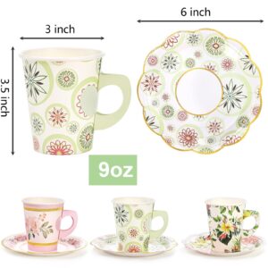 Yarlung 96 Pcs Paper Tea Cups and Plates, Disposable 9oz Teacups with Handle 6 Inch Saucers Sets for Tea Party Decorations, Mother's Day, Birthday Favors, Floral 3 Designs