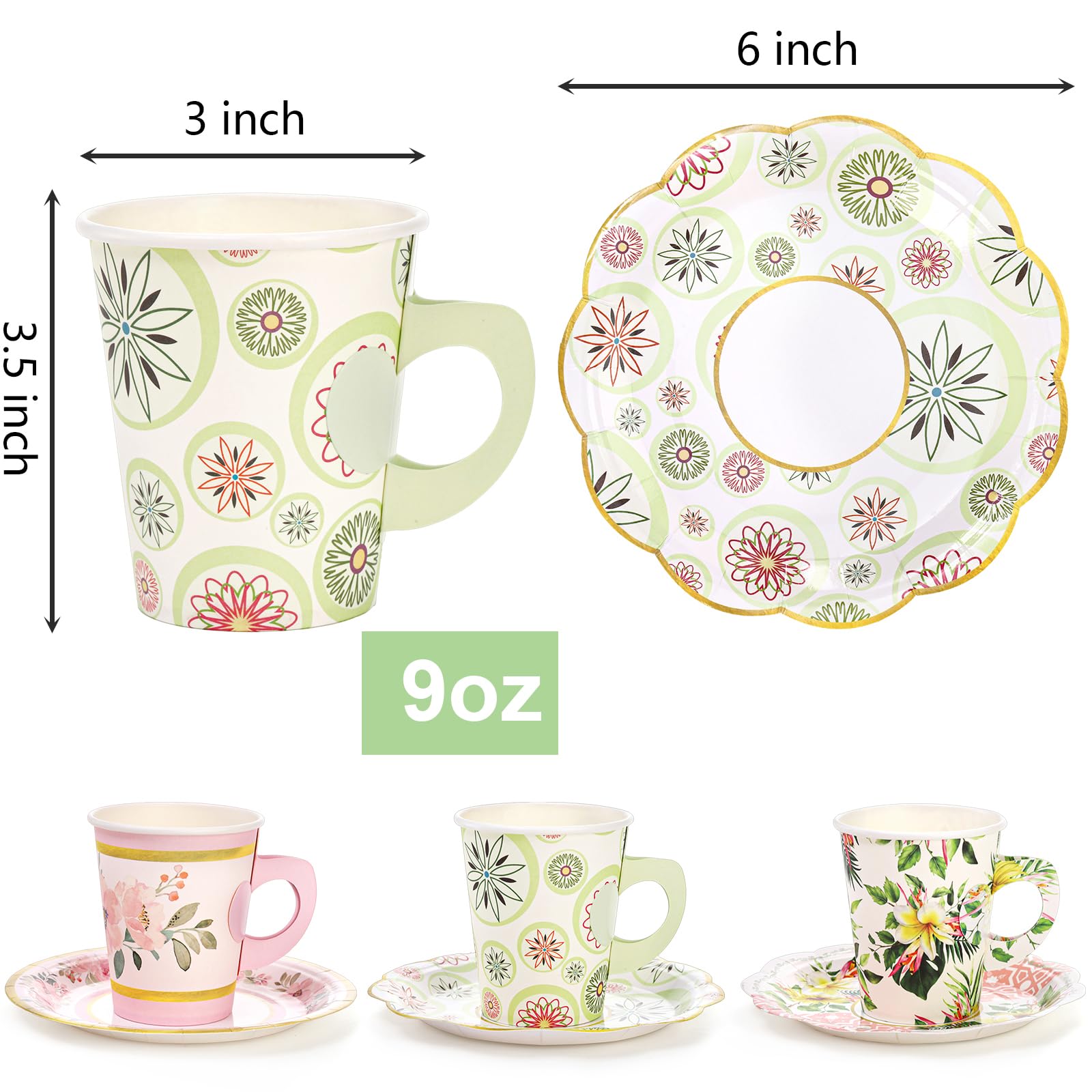 Yarlung 96 Pcs Paper Tea Cups and Plates, Disposable 9oz Teacups with Handle 6 Inch Saucers Sets for Tea Party Decorations, Mother's Day, Birthday Favors, Floral 3 Designs