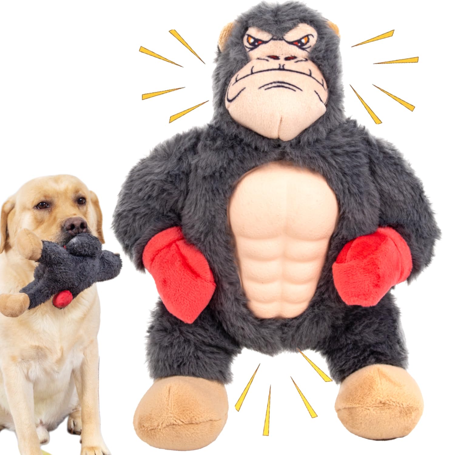 BIKIISEN Interactive Squeaky Dog Chew Toys with Natural Rubber Pectoral Muscles, Gum Massage Tough Dog Teething Toys to Keep Them Busy, Plush Tug of War Dog Toy for Small Medium Large Breed (Gorilla)