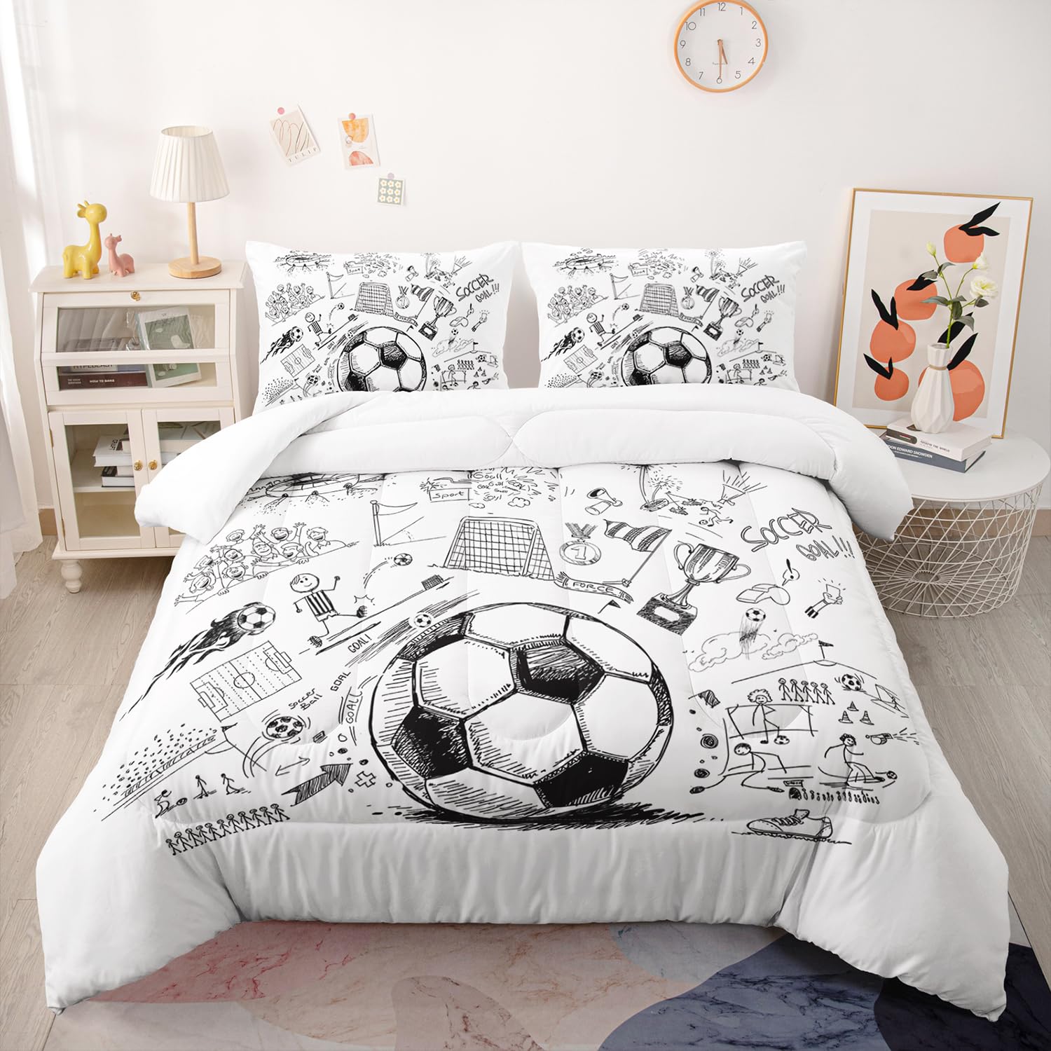 Nttopship Soccer Bedding Comforter Set Queen Size for Kids Teens and Adults Football Printed Quilt Set for Bedroom Soft Microfiber All Season Print Quilt Set with 1 Comforter and 2 Pillowcases