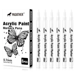 acrylic white paint pens - 6 pack 0.7mm extra fine white paint marker for rock painting, wood, metal, fabric, plastic, canvas, glass, ceramic, diy crafts