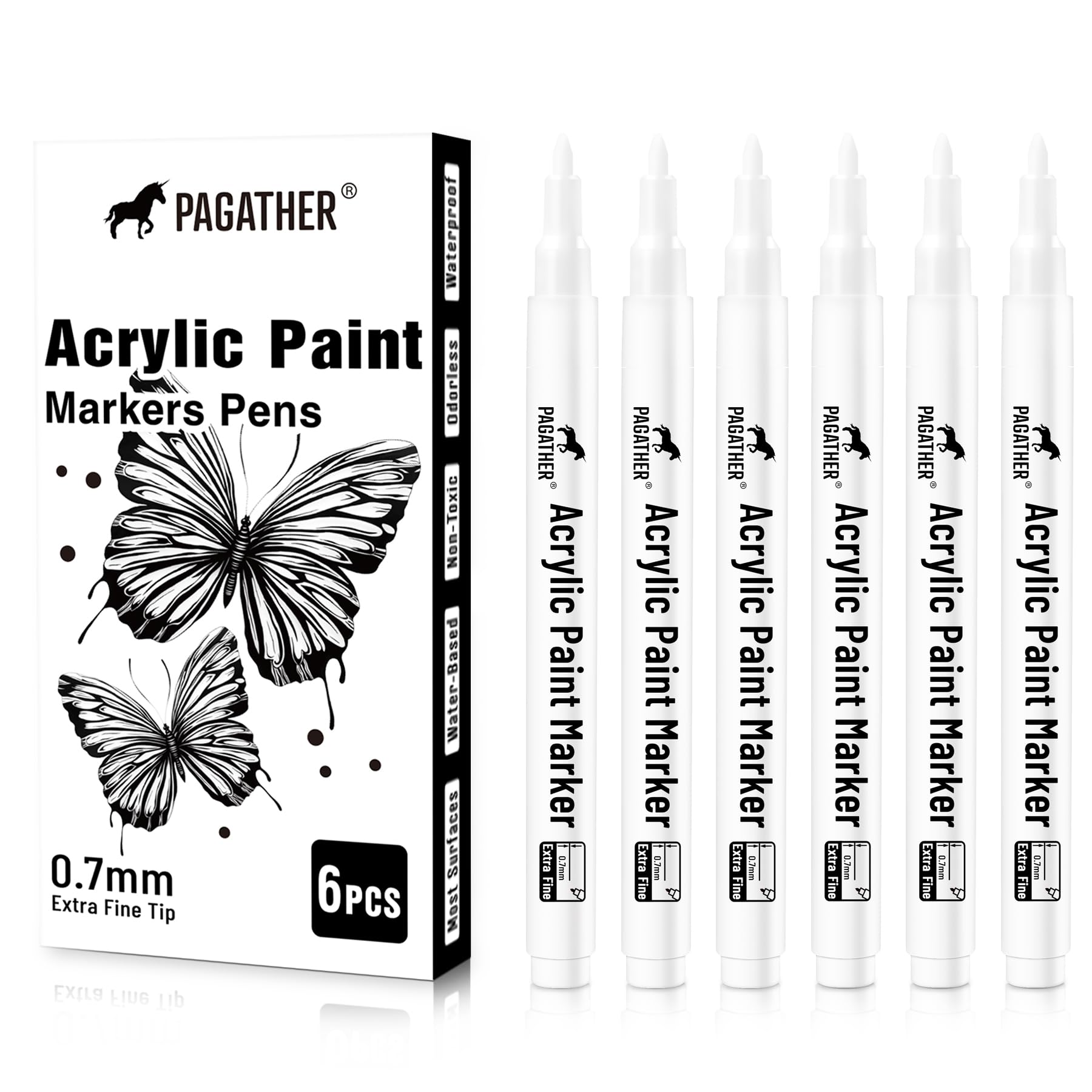 Acrylic White Paint Pens - 6 Pack 0.7mm Extra Fine White Paint Marker for Rock Painting, Wood, Metal, Fabric, Plastic, Canvas, Glass, Ceramic, Diy Crafts