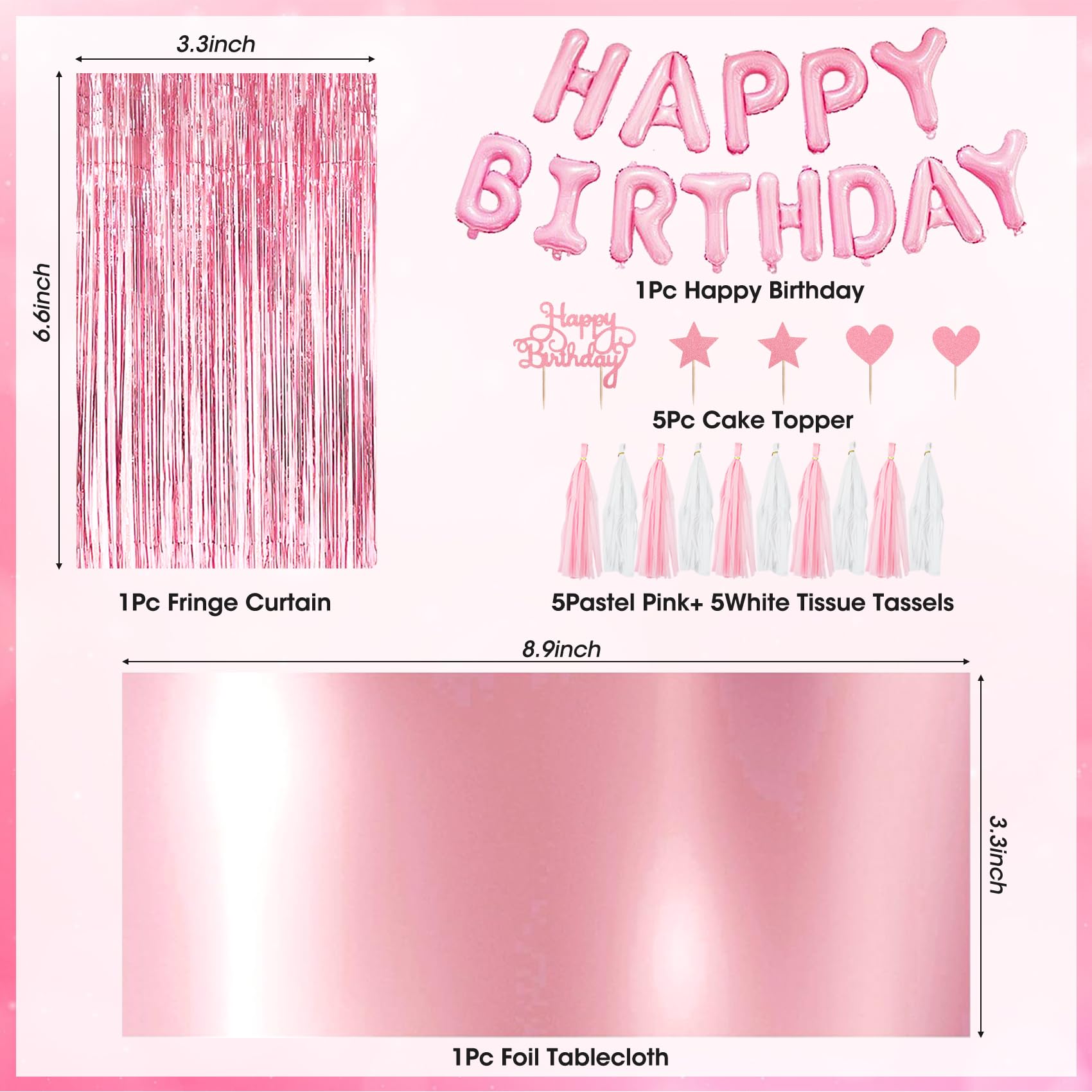 Pink Birthday Party Decorations, Happy Birthday Banner Tablecloth Cake Toppers Fringe Curtain Tassels Pink and White Confetti Foil Balloons for Girls Women Wedding Baby Shower Party Supplies